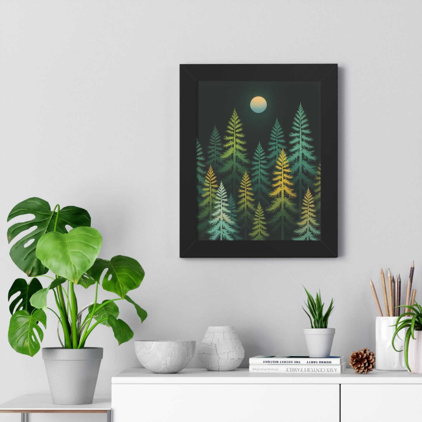 Vertical Forest Poster: A framed vertical poster showcasing stylized pine trees in light hues against a dark background, adding a calming nature touch, ideal for home or office decor.