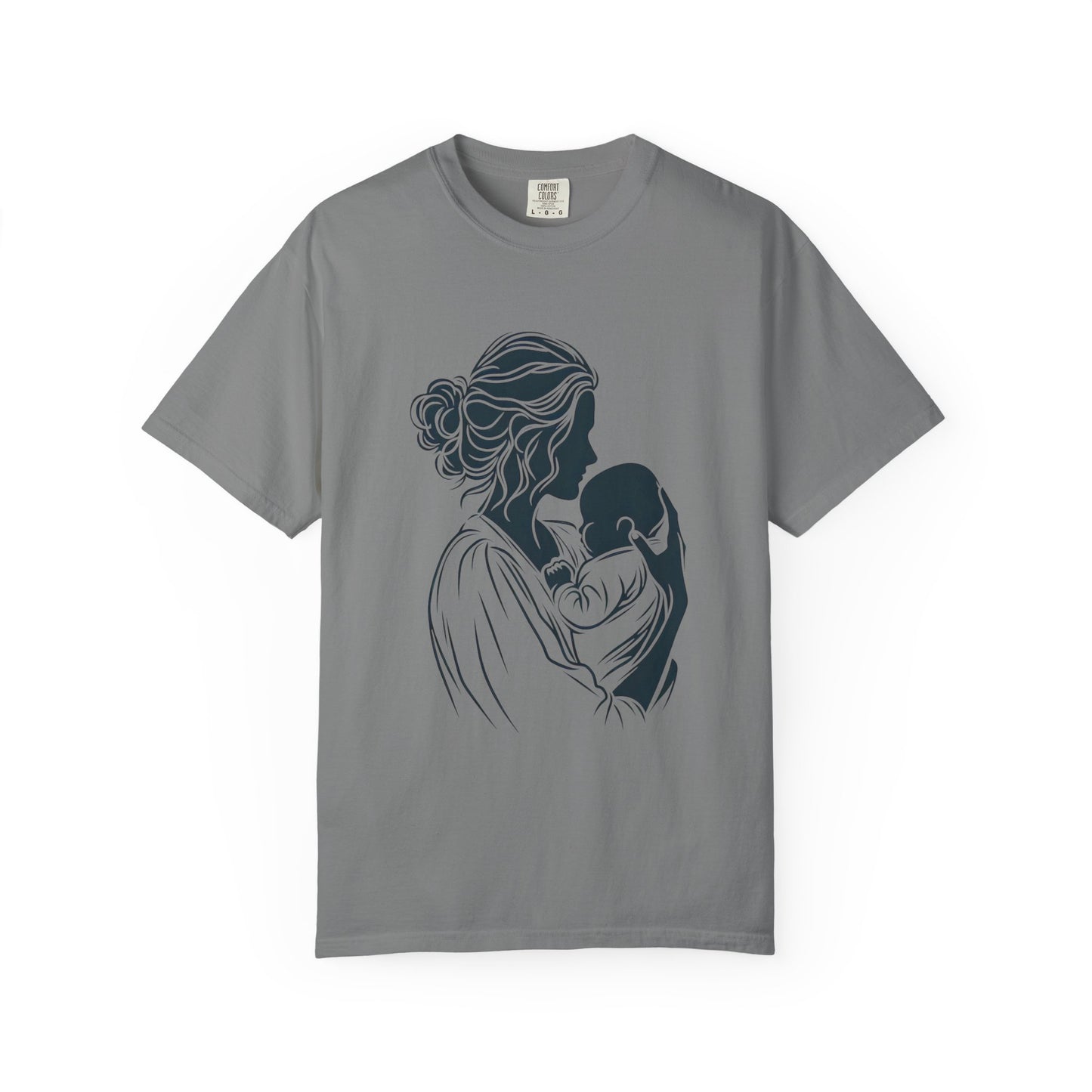 Mom and Baby Silhouette T-Shirt featuring a touching silhouette design on garment-dyed fabric, highlighting double-needle stitching and sleek side-seam-free construction, perfect for celebrating Mother's Day with comfort and style.