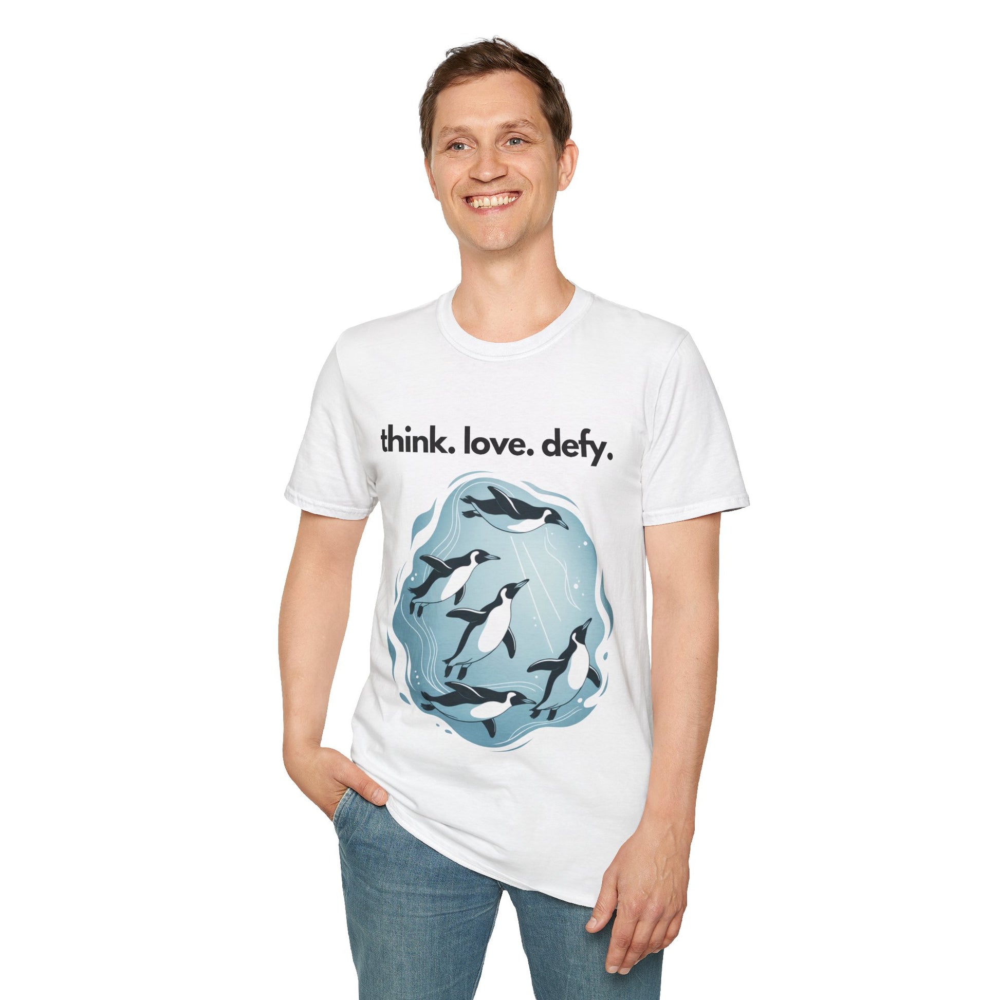 Think Love Defy Penguin Animal Nature Gildan Unisex T-Shirt features a unique design of penguins in water, perfect for casual wear and nature enthusiasts. Ideal for promoting love and environmental awareness.