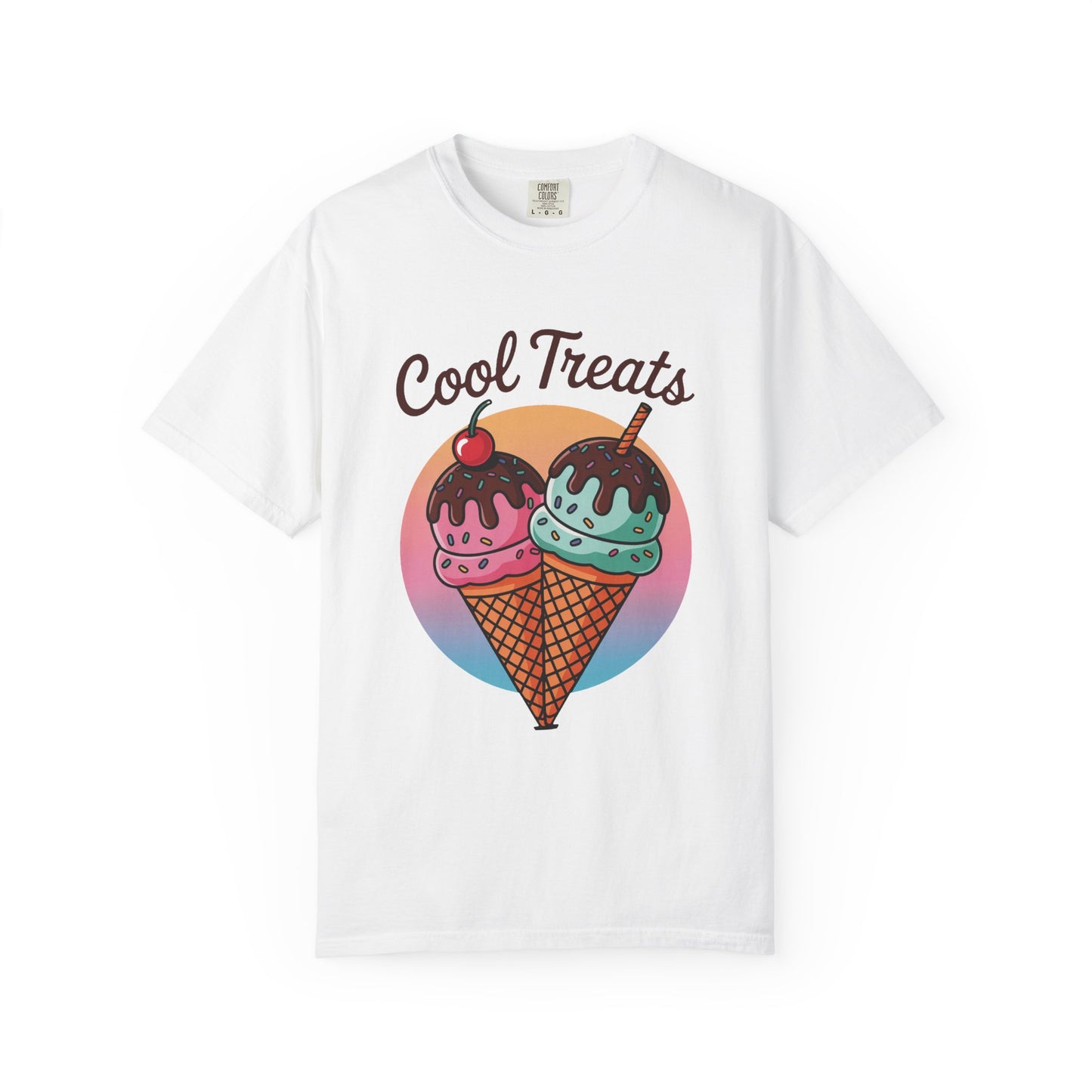 Ice Cream Cool Treats Comfort Colors Unisex T-Shirt featuring playful ice cream cone graphics, perfect for adding a summery vibe to your wardrobe, ideal for casual wear and summer gatherings.