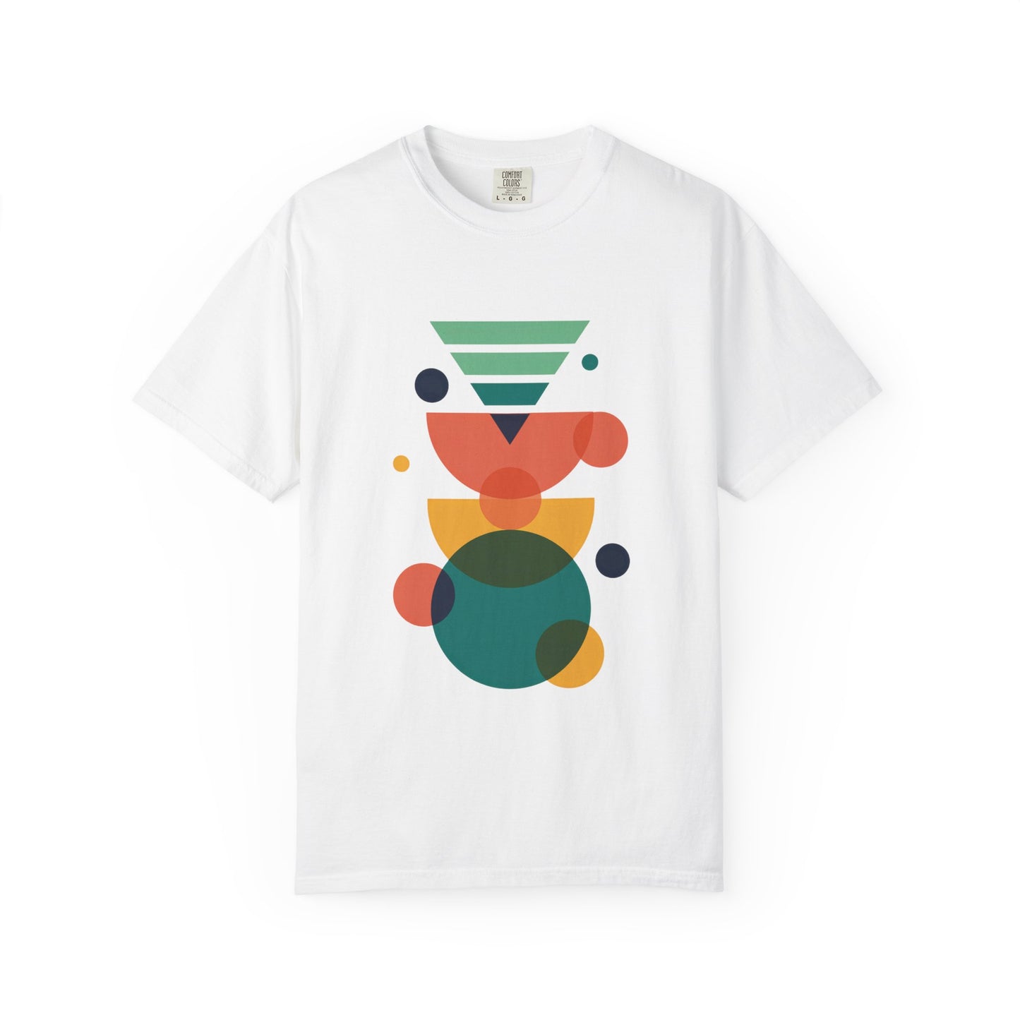 Geometric Abstract in Teal, Blue, Yellow, Pink, Green T-Shirt featuring colorful geometric shapes, offering a trendy, artistic look. Made of soft garment-dyed cotton with a relaxed fit.
