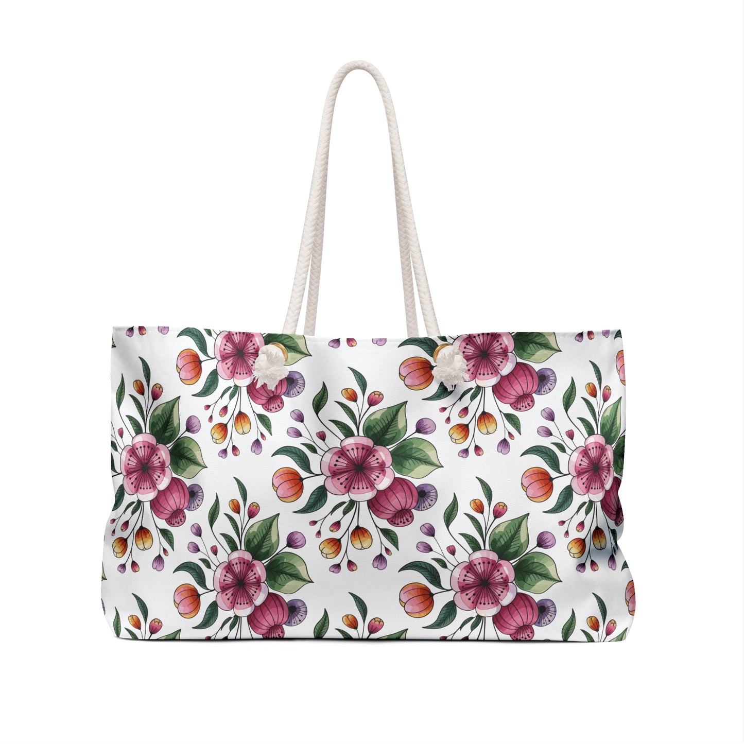 Botanical Weekender Bag with a vibrant floral and leaf design, featuring durable rope handles and a spacious interior, perfect for adding whimsy to your travel adventures.