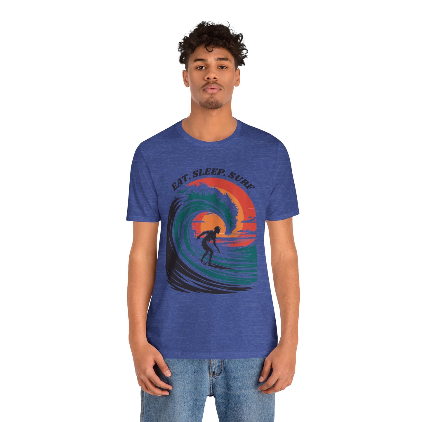 Surf Tee - Eat Sleep Surf Design, featuring a man in a blue shirt with a surfing graphic, represents a laid-back beach vibe, ideal for casual and surf-loving lifestyles.