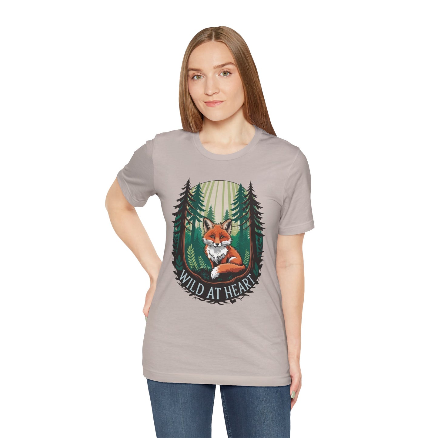 Wild at Heart Fox Illustration Bella+Canvas Unisex T-Shirt featuring a woman wearing the tee with a whimsical fox design. Ideal for casual outings, embodying comfort and style from FireBrook Essentials.