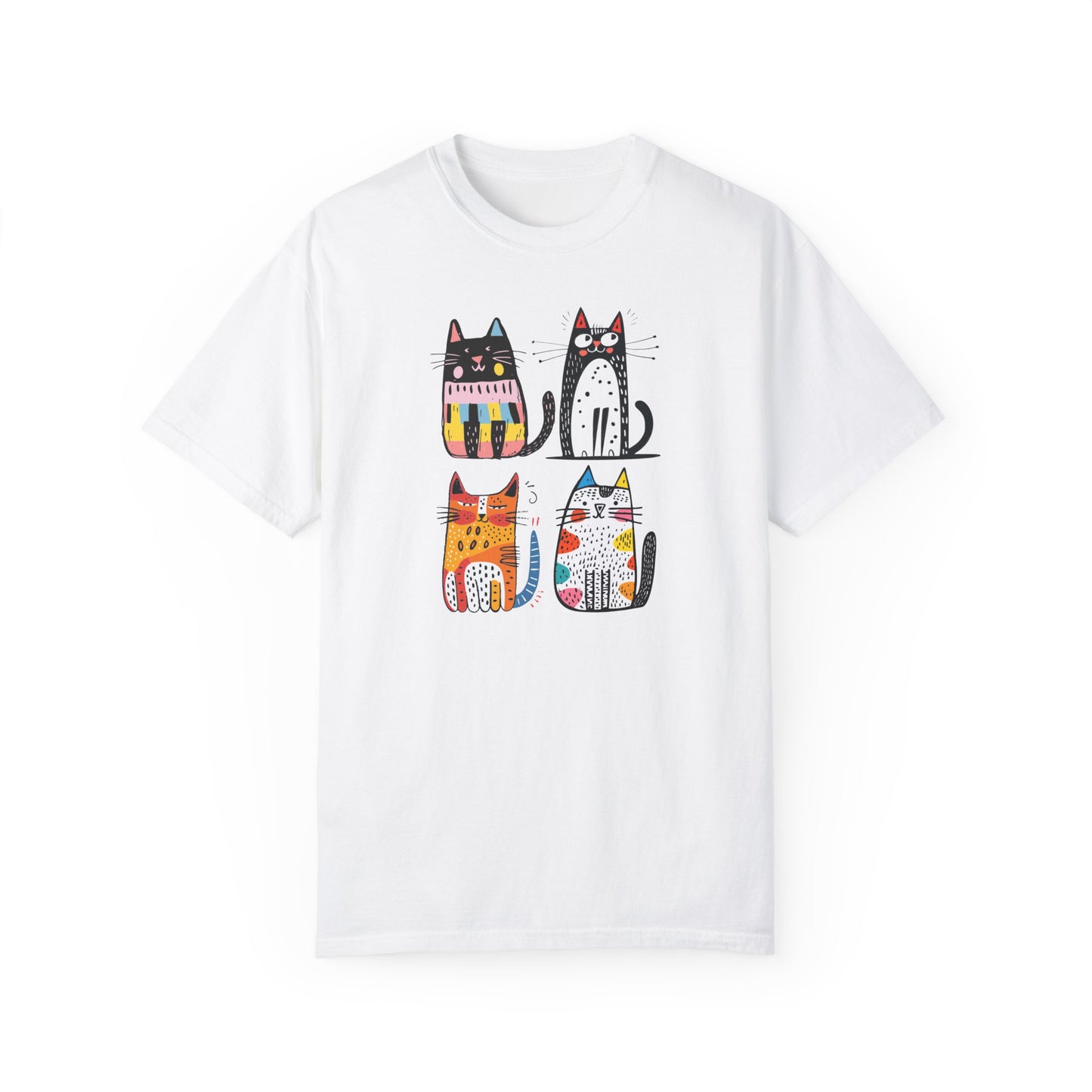 Colorful Cat Lover Unisex Comfort Colors T-Shirt featuring playful cat illustrations on a white background, perfect for showcasing your passion for felines with style and comfort.