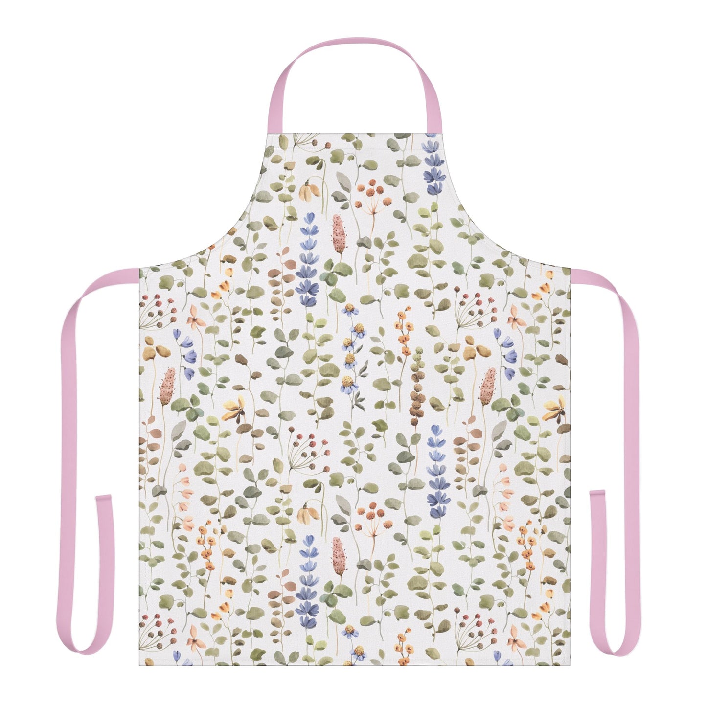 Apron, Wildflower Design, 5-Color Straps: A close-up of a stylish apron with vibrant wildflower patterns, showcasing its fine weave texture and durable, stain-resistant fabric for cooking or artistic activities.