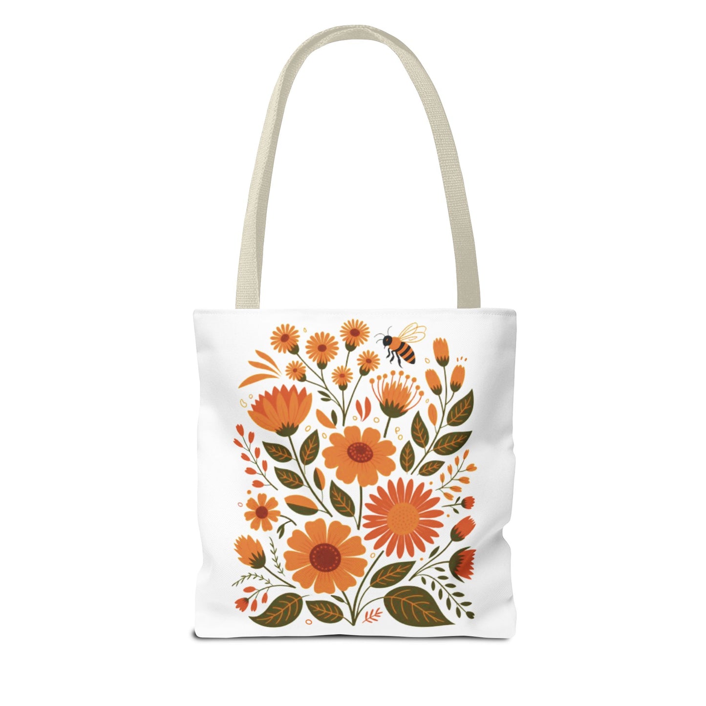 Folk Floral Tote Bag with hand-drawn wildflowers in warm hues on a white background, designed for versatile use and style, embodying FireBrook Essentials' uplifting and joyful aesthetic.