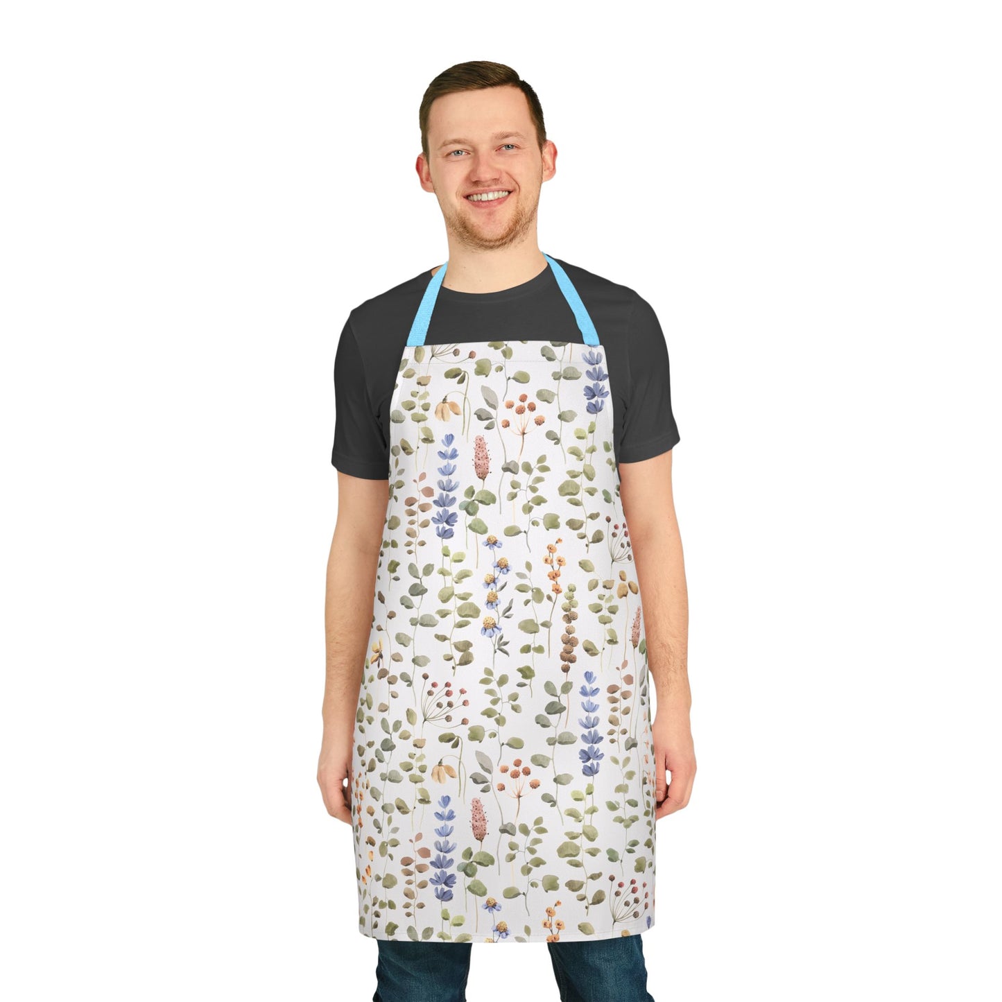 Man wearing the Apron, Wildflower Design, 5-Color Straps, displaying its vibrant wildflower pattern and comfortable fit. Ideal for cooking, baking, or art, reflecting FireBrook Essentials' stylish and joyful design ethos.