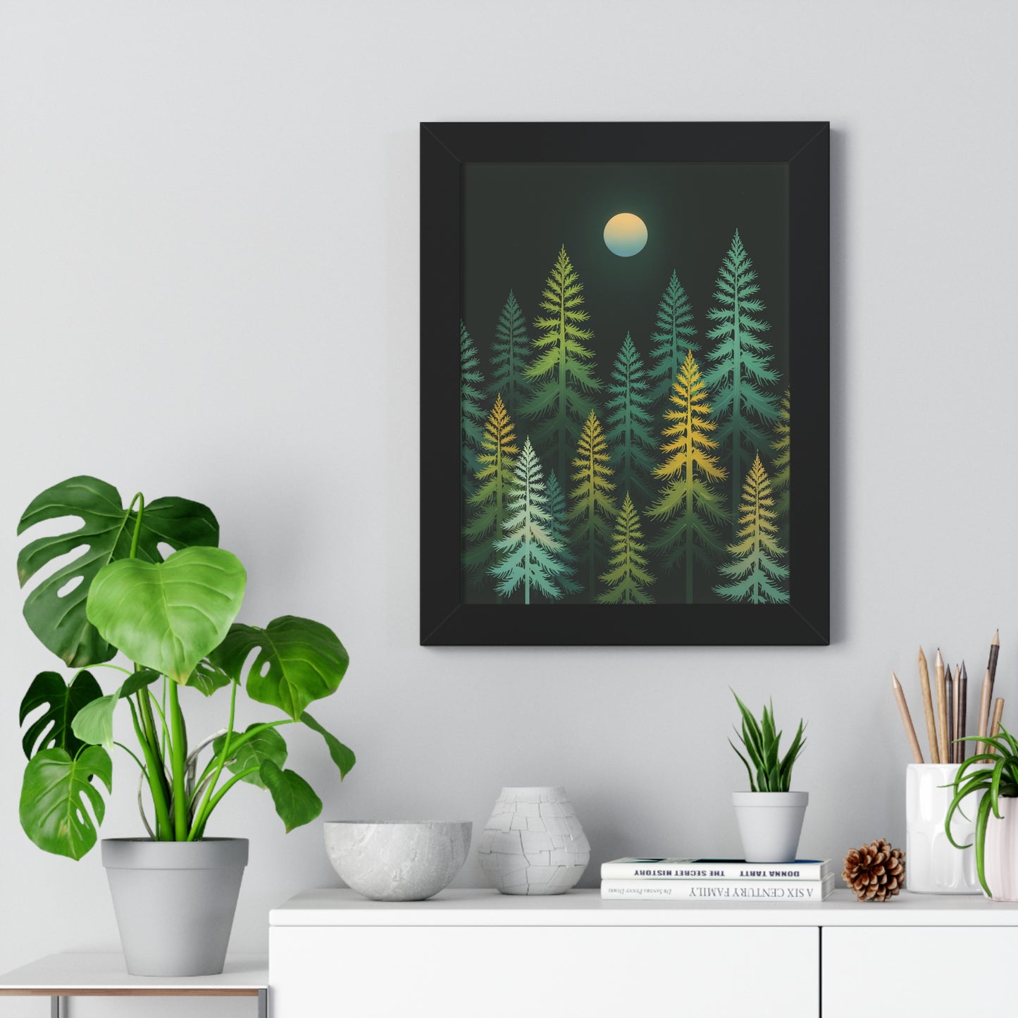 Vertical Forest Poster, showcasing tall pine trees against a dark backdrop, adds a touch of nature and tranquility to any space. Ideal for those seeking stylish, uplifting home decor.