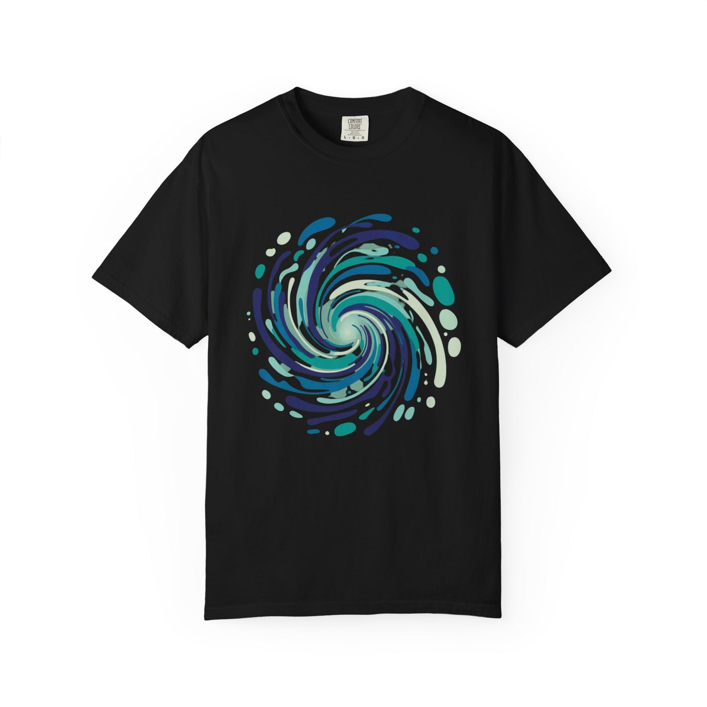 Ocean Waves Abstract T-Shirt showcases a swirling vortex design with fluid lines, evoking ocean energy. Crafted for comfort and style, ideal for beach outings and casual summer wear.