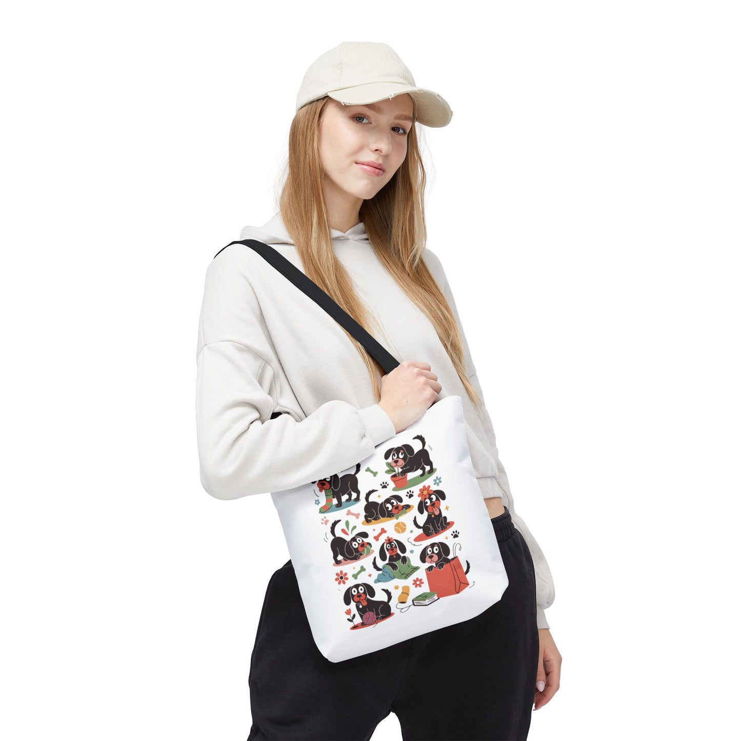 Dog Tote Bag - Playful Cartoon Illustration Design featuring whimsical, hand-drawn dogs with everyday objects, perfect for a fun, reusable shopping accessory or a unique gift for dog lovers.