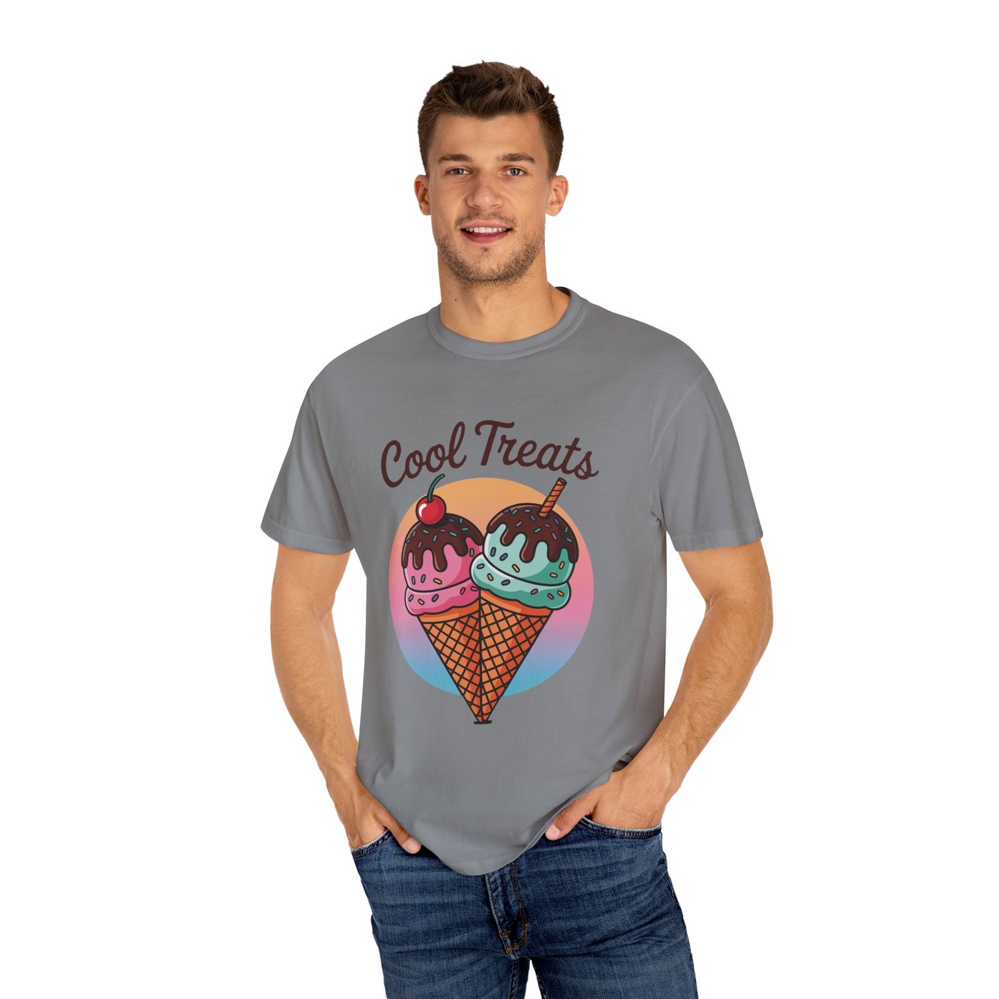 Ice Cream Cool Treats Comfort Colors Unisex T-Shirt features playful ice cream cone graphics, modeled by a man with hands in pockets, capturing a fun, summery vibe for casual wear.