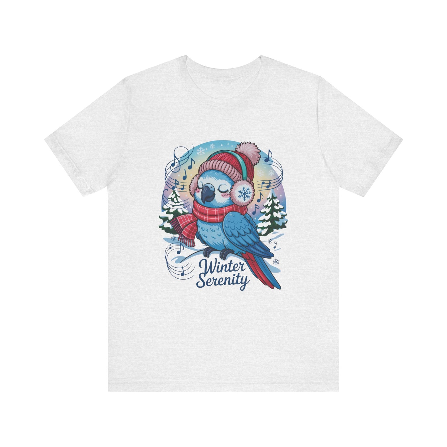 Winter Serenity Cute Baby Parrot Unisex T-Shirt featuring a charming parrot design, embodying cozy winter vibes. Crafted from 100% Airlume cotton for comfort, perfect for casual or semi-formal wear.