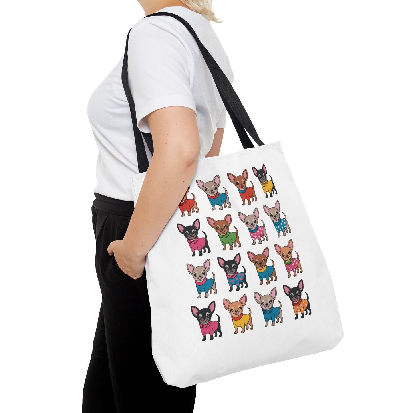 Chihuahua with Wardrobe Portraits Tote Bag featuring charming chihuahua portraits in various outfits, ideal for dog lovers. Durable polyester with reinforced handles, available in three sizes, perfect for joyful everyday errands.