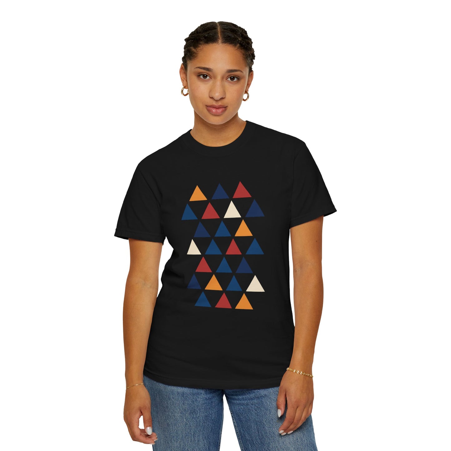 Geometric Triangle Grid T-Shirt showcasing a modern design with equilateral triangles. Crafted for comfort and style, ideal for casual or special occasions, aligning with FireBrook Essentials' uplifting and stylish apparel ethos.