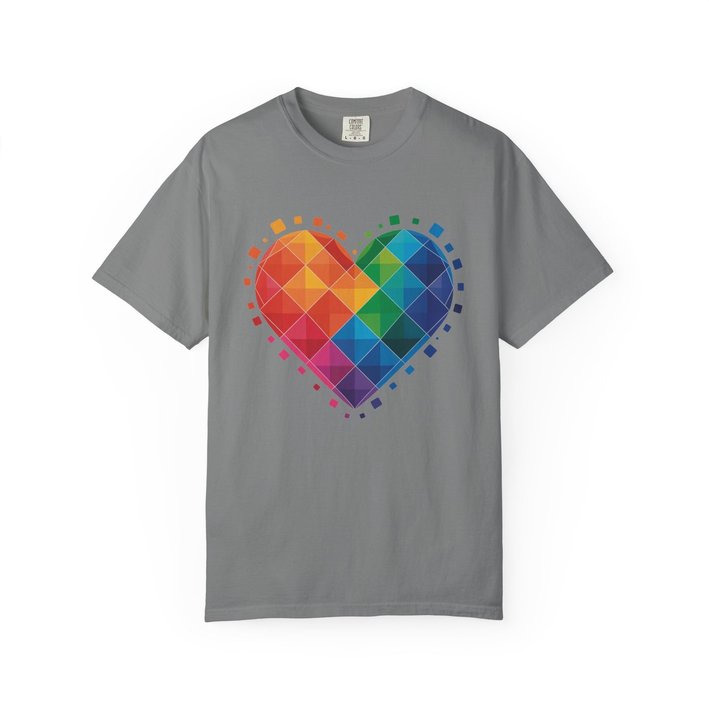 Rainbow Geometric Heart T-Shirt showcasing a vibrant heart-shaped design with overlapping squares in a rainbow gradient, offering a modern, dynamic look, perfect for casual wear or special occasions.