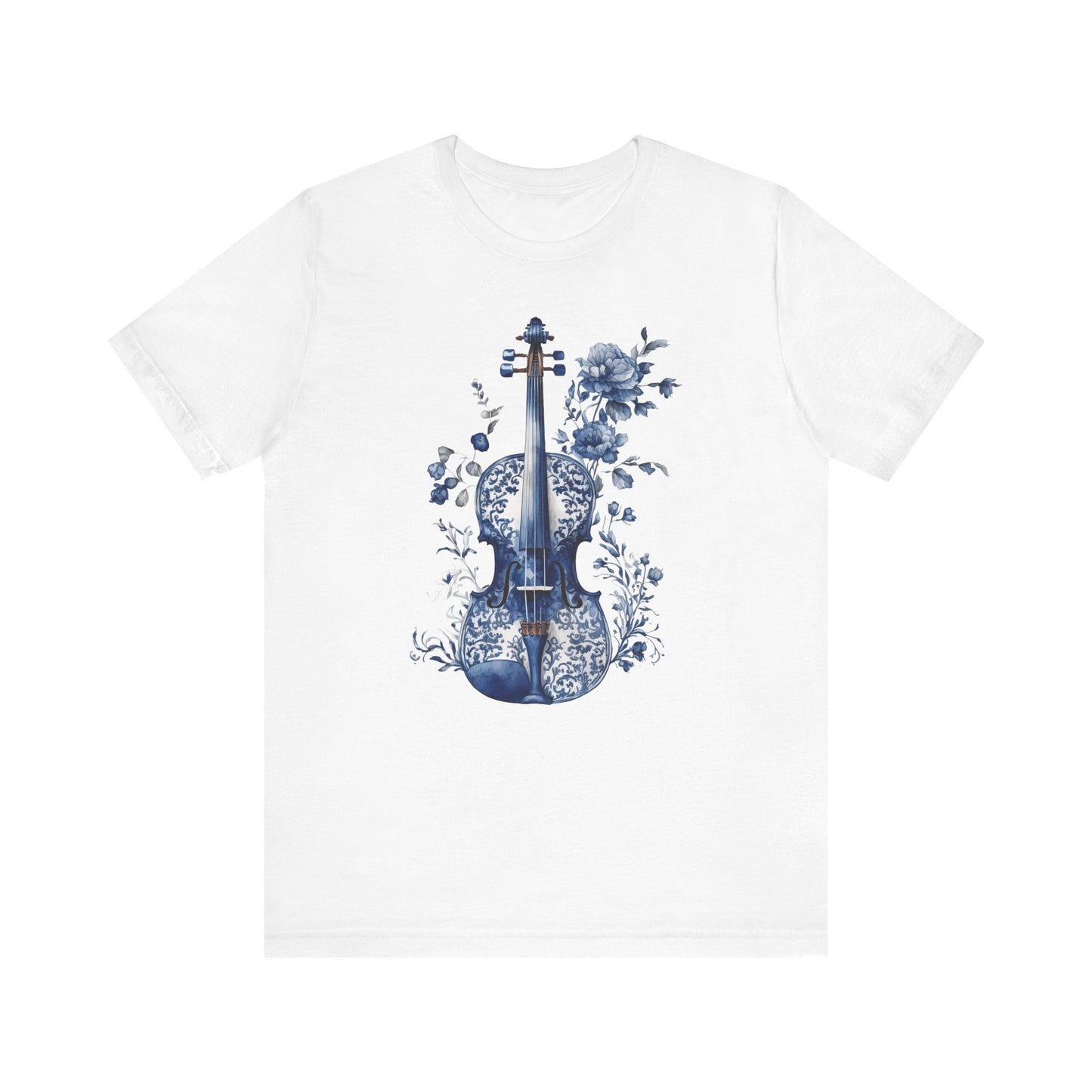 Violin Bella+Canvas Unisex T-Shirt featuring a blue and white violin and floral design, perfect for music enthusiasts seeking stylish, comfortable apparel for casual outings or concerts.
