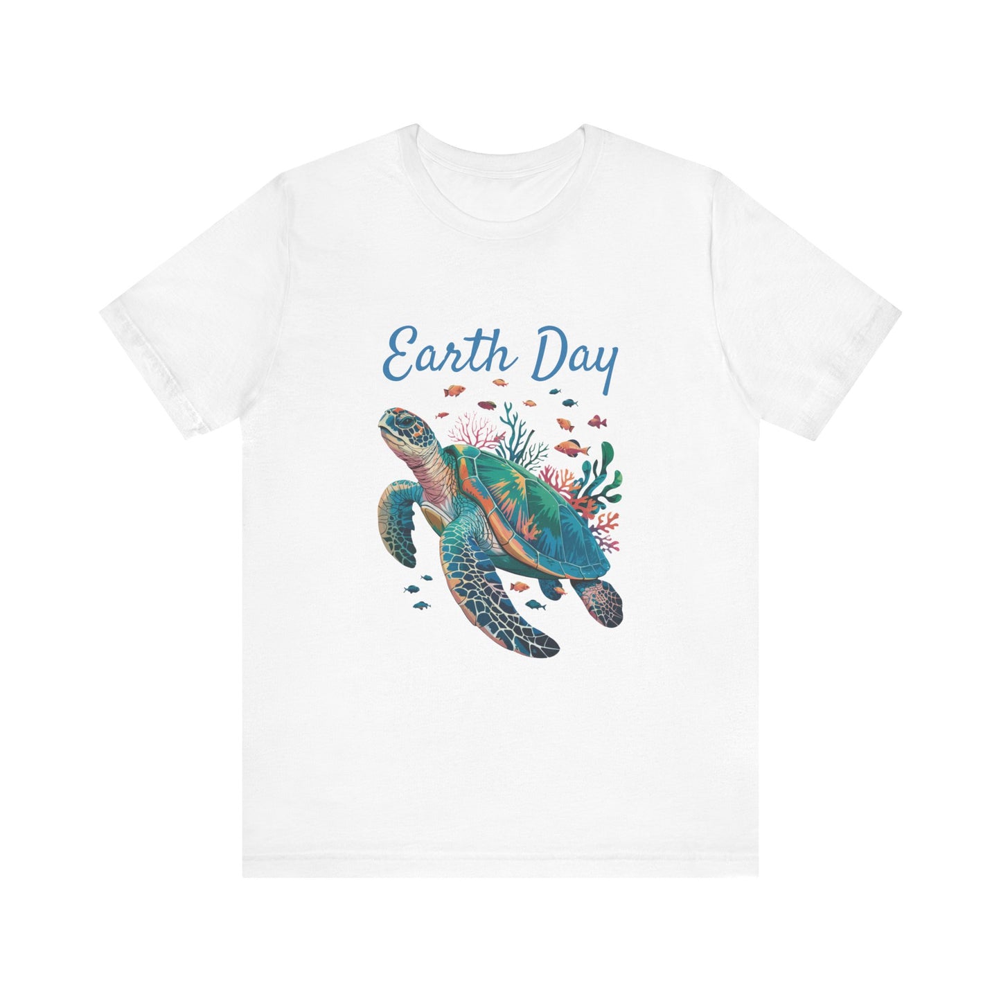 Earth Day Turtle Bella+Canvas Unisex T-Shirt featuring a detailed illustration of a sea turtle swimming with fish, symbolizing eco-friendly values and comfort, perfect for nature enthusiasts.