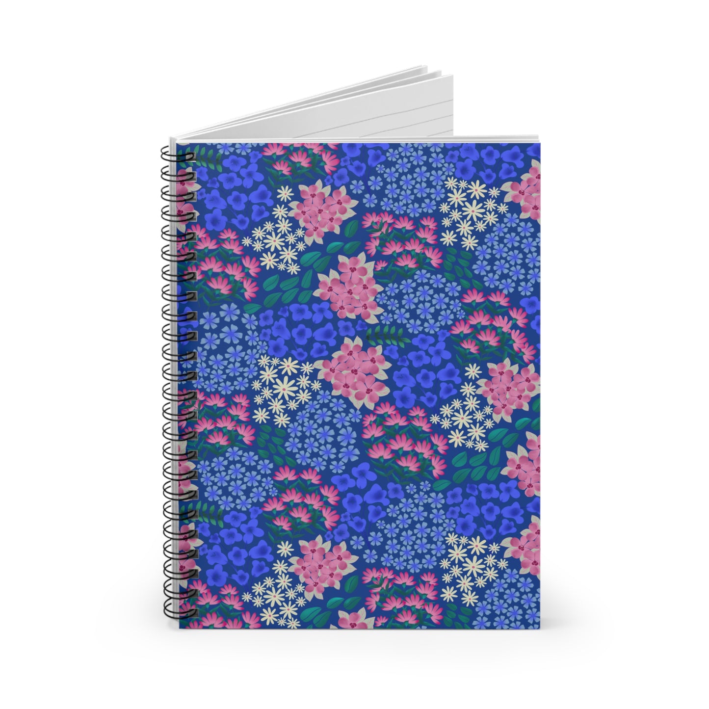 Floral Spiral Notebook with vibrant pink and cream blossoms on a blue cover, showcasing a few lined pages. Ideal for creative note-taking, journaling, or gifting, reflecting FireBrook Designs' uplifting style.