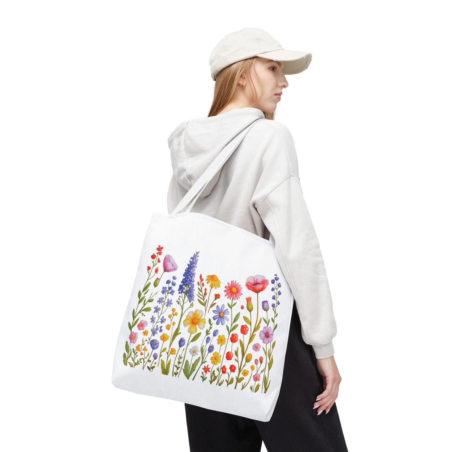 Wildflowers Tote Bag featuring a vibrant wildflower design, embodying a natural, free-spirited vibe. Ideal for spring outings, this durable, spacious bag is perfect for everyday use, reflecting FireBrook Essentials' joyful style.
