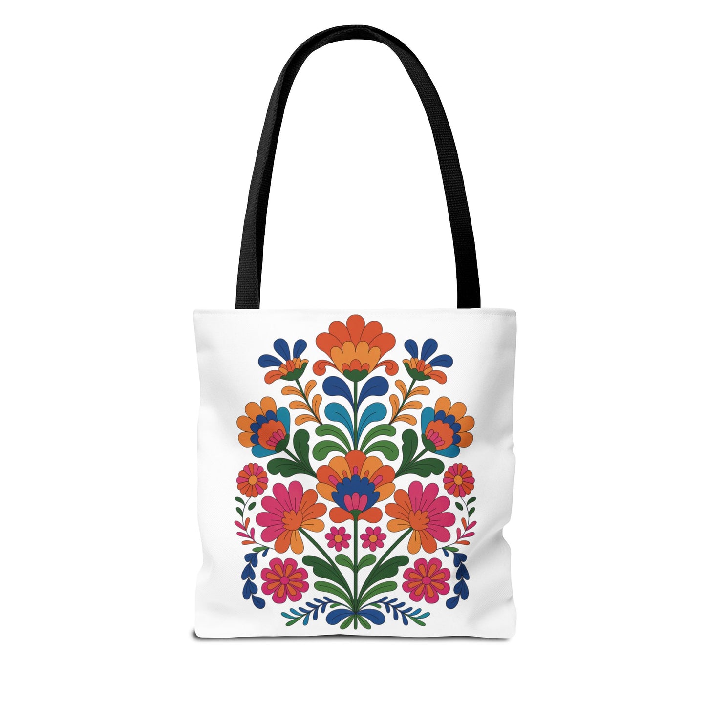 Red Folk-Art Floral Tote Bag featuring lively organic floral illustrations in bold reds, blush, and blues with green leaves. Ideal for carrying essentials, offering strength and style for everyday use.