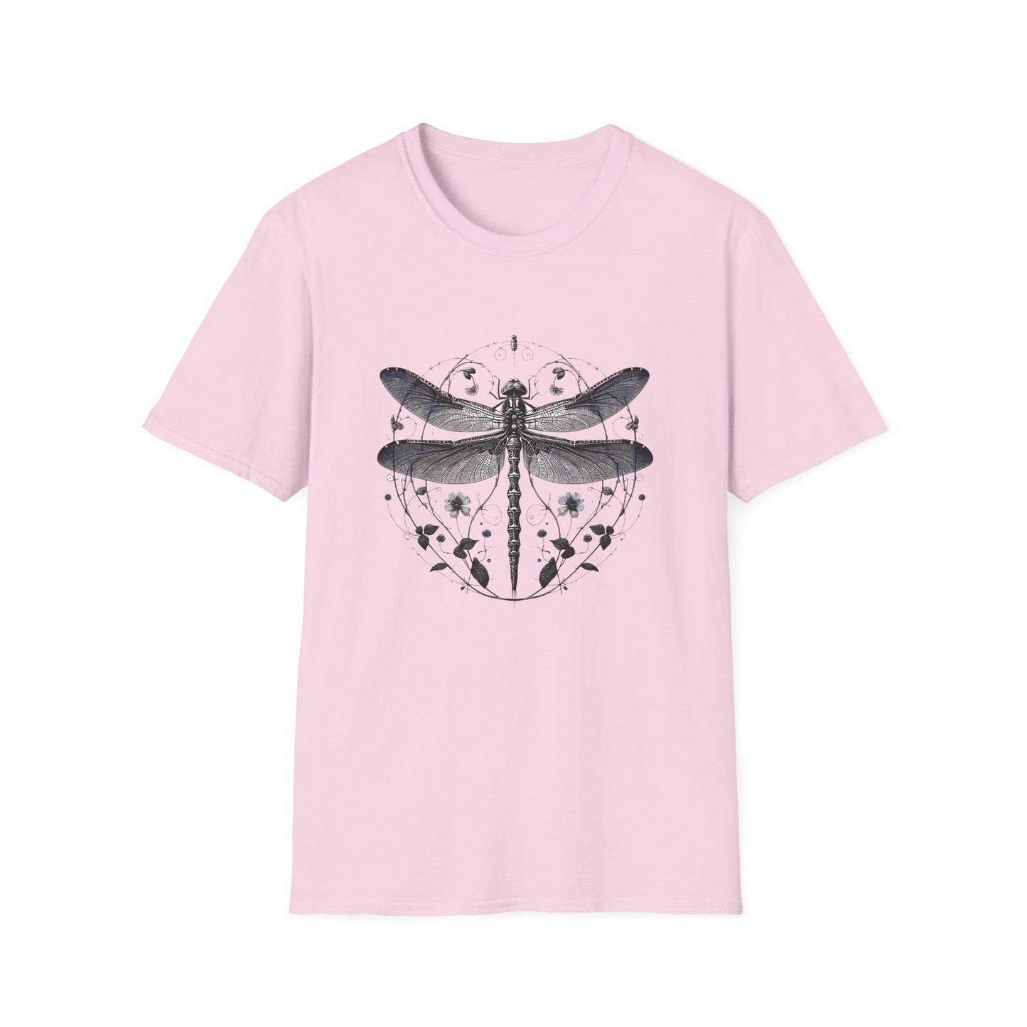 Dragonfly Gildan Unisex T-Shirt featuring a unique dragonfly design, showcasing a playful and nature-inspired aesthetic. Ideal for casual wear, made from ethically sourced cotton, embodying FireBrook Essentials' commitment to comfort and style.