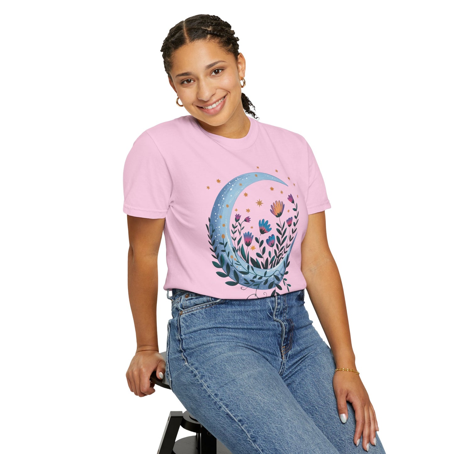 Crescent Moon with Flowers T-Shirt featuring a bohemian design with detailed floral patterns, embodying a relaxed, dreamy vibe. Perfect for casual wear, crafted from ethically grown US cotton, embodying FireBrook Essentials' uplifting style.
