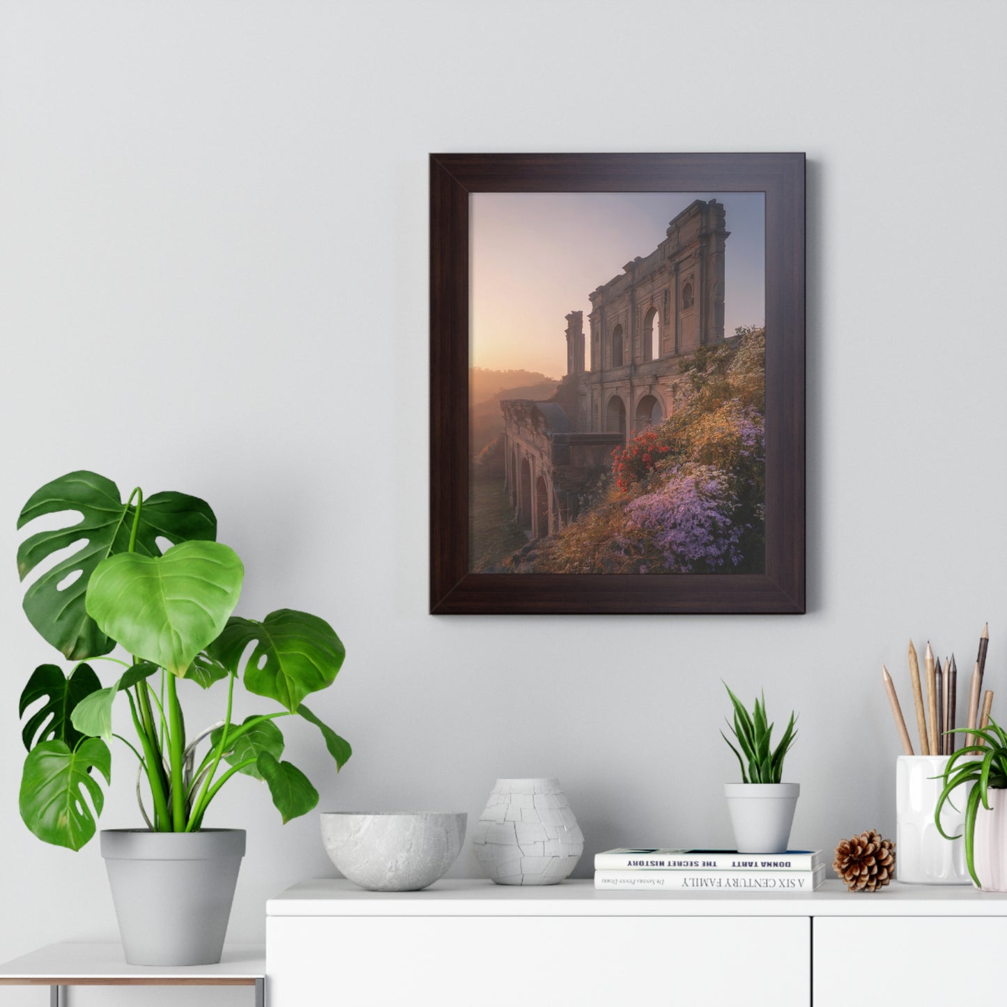 Vertical Poster - Ancient Palace Ruins with Wildflowers: A framed art piece showcasing vibrant wildflowers enveloping ancient palace ruins, printed on museum-grade paper, perfect for elevating home decor and gifting, available from FireBrook Designs.