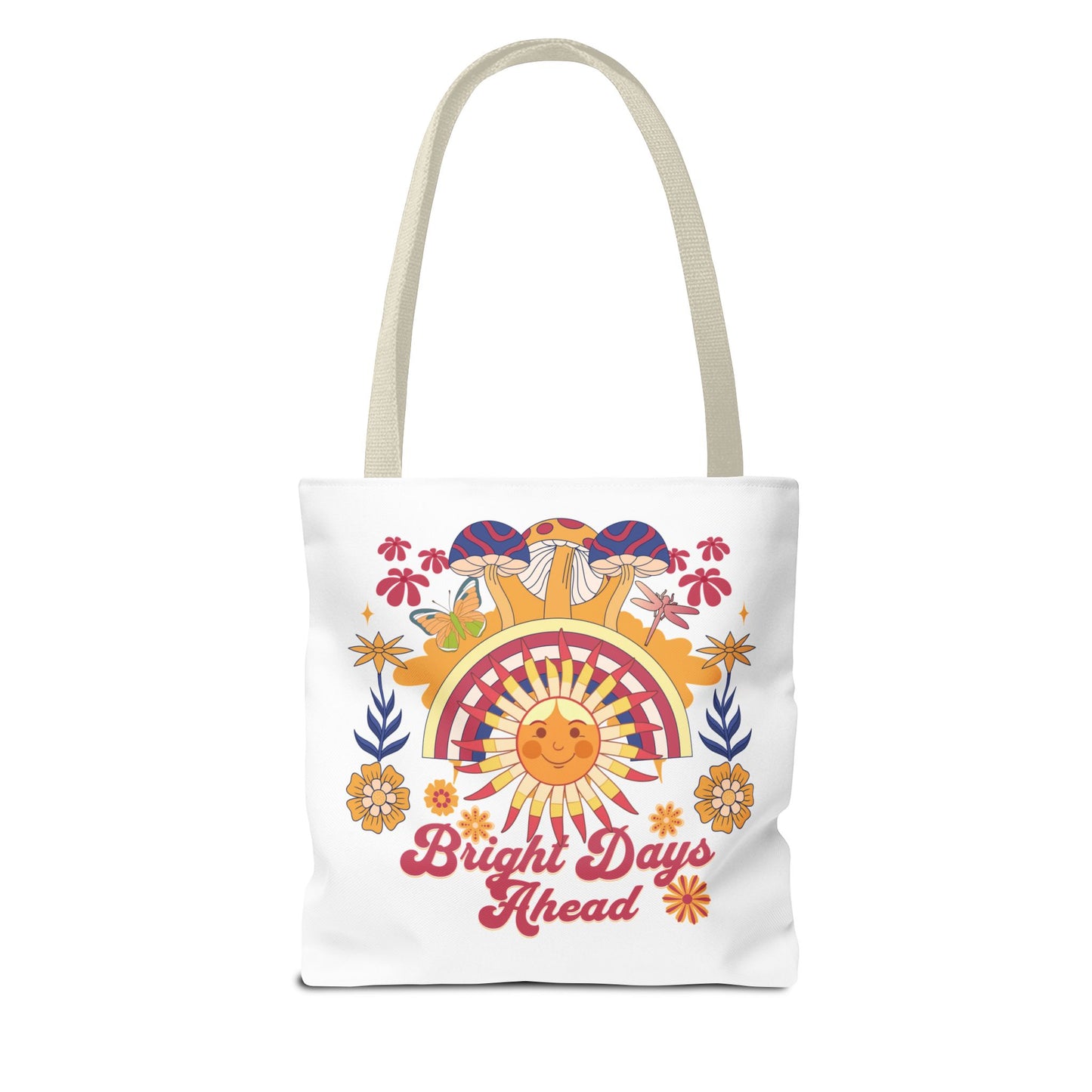 Bright Days Ahead Sunshine Floral Tote Bag featuring a cheerful design of sunshine, flowers, and butterflies, perfect for uplifting outdoor adventures. Ideal for beach trips, picnics, and market runs.