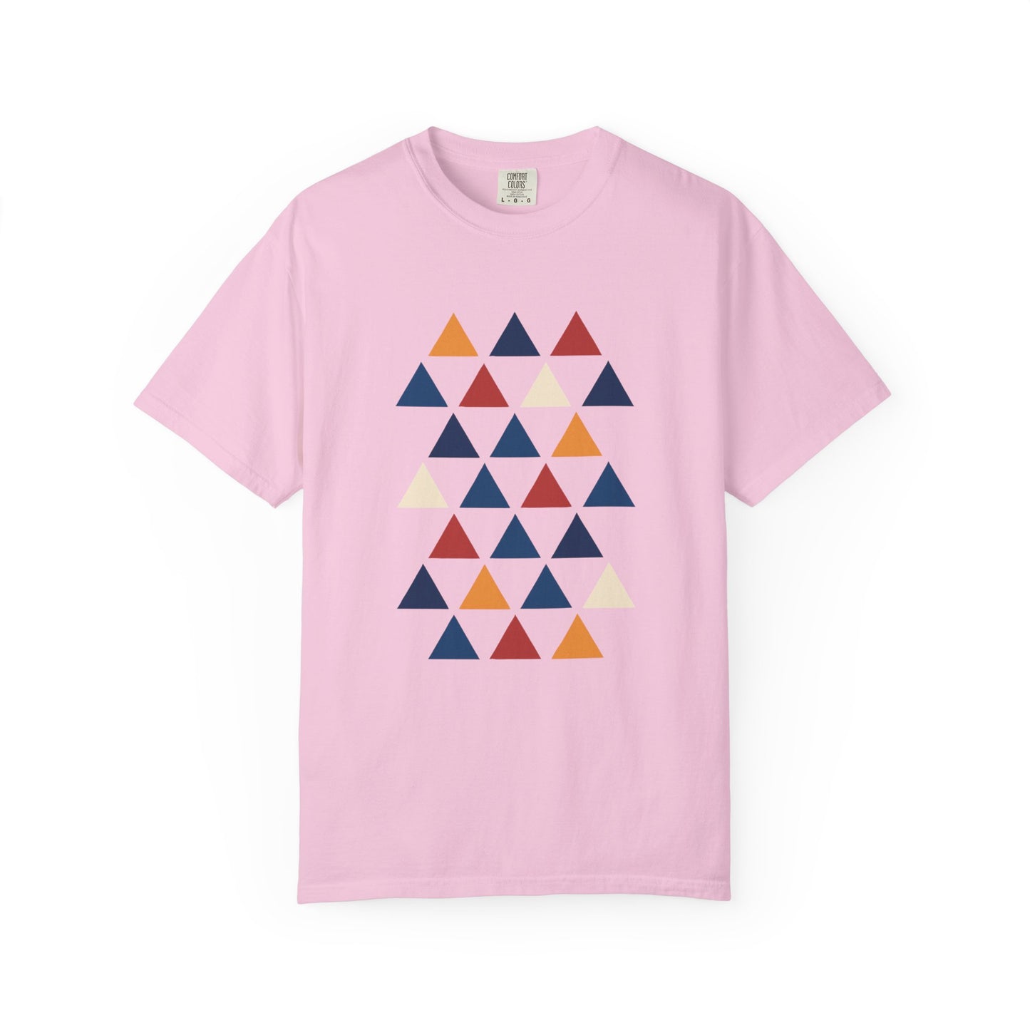 Geometric Triangle Grid T-Shirt showcasing a modern design with equilateral triangles in a grid pattern, offering a sleek, minimalist style. Perfect for those seeking a unique, fashionable wardrobe staple.
