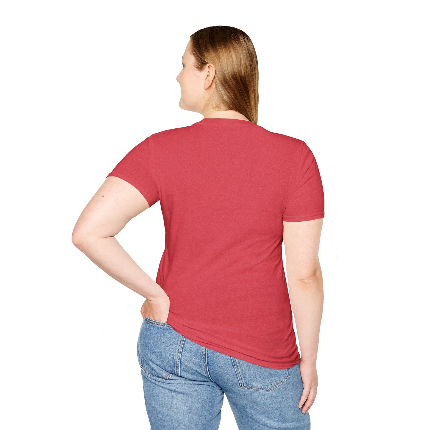 Think Love Defy Penguin Animal Nature Gildan Unisex T-Shirt showcased on a woman, highlighting its casual fit and artistic penguin design, ideal for nature lovers and outdoor enthusiasts.