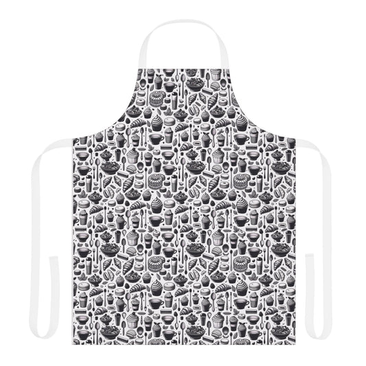Cakes and Pastries Apron: A stylish white apron featuring a lively black and white food pattern, perfect for bakers seeking comfort and fun in the kitchen.