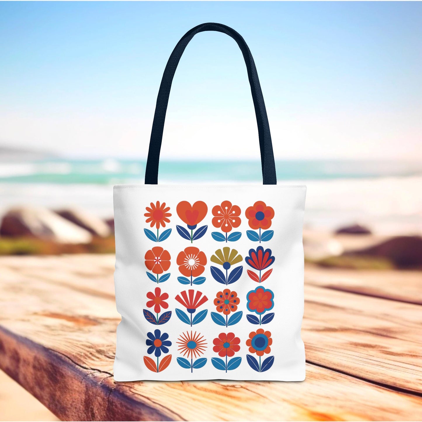 Floral Tote Bag featuring trendy mid-century modern floral elements, designed for durability with reinforced stitching and boxed corners. Ideal for stylish, everyday use by fashion-forward individuals.