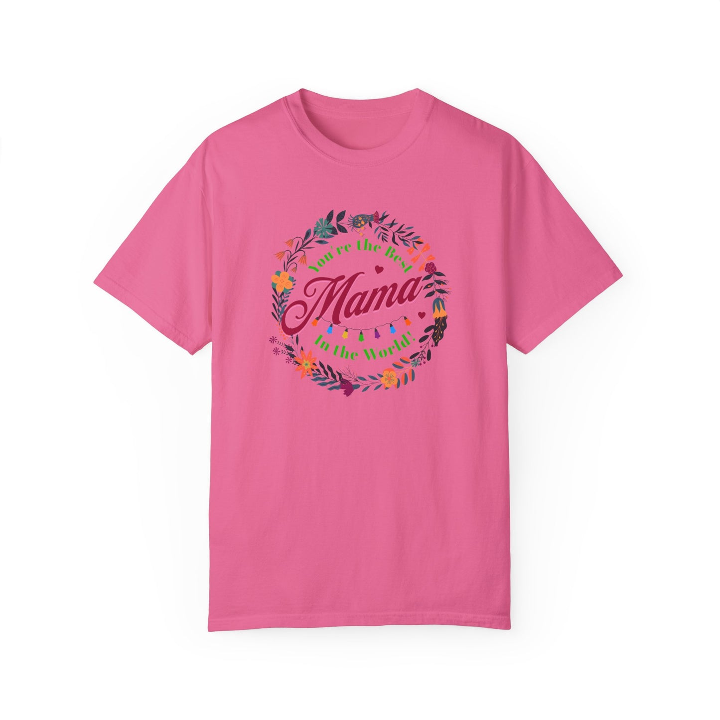 Best Mama Unisex Comfort Colors T-Shirt featuring a relaxed fit, crew neckline, and durable double-needle stitching, perfect for moms.