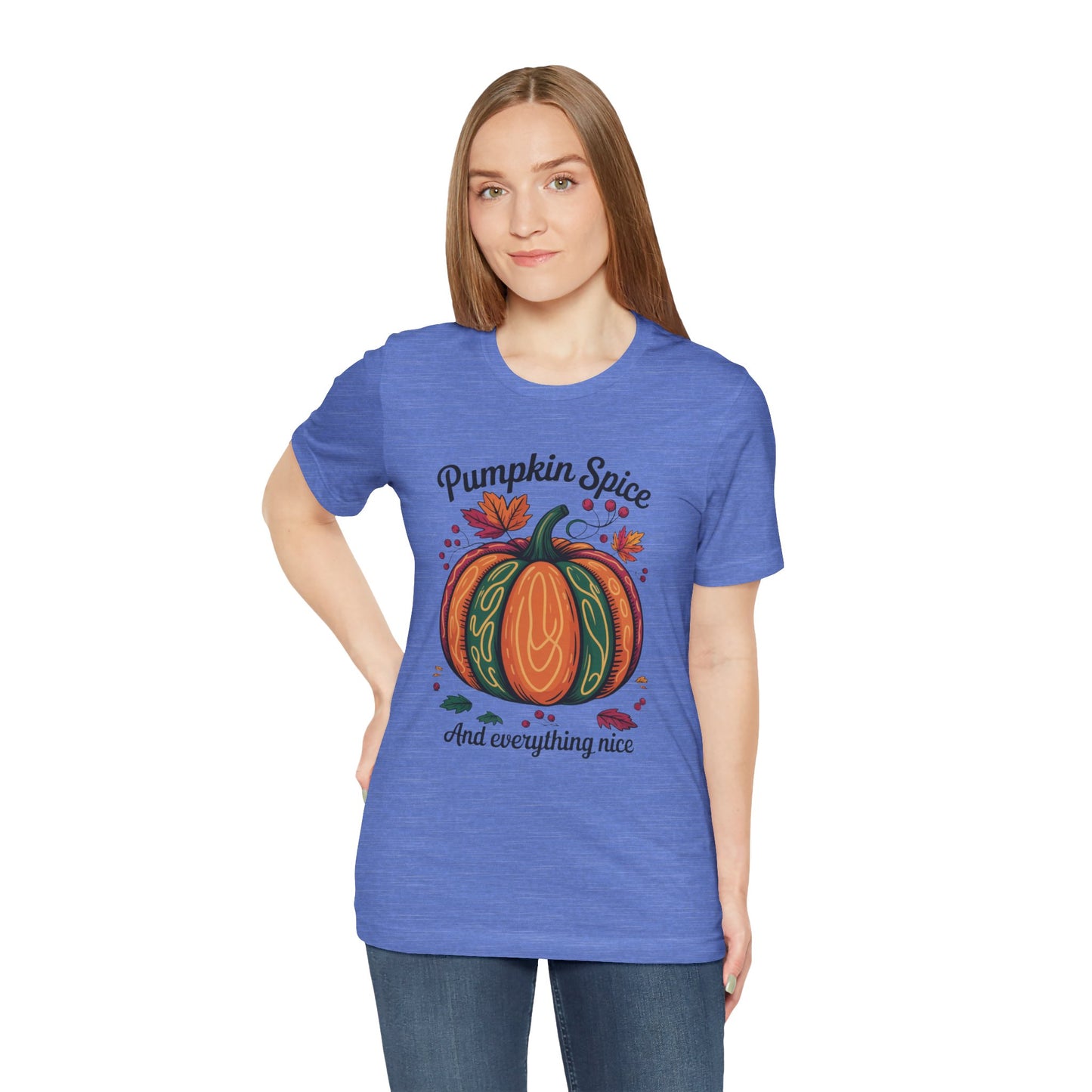 Pumpkin Spice and Everything Nice Fall Thanksgiving Bella+Canvas Unisex T-Shirt exudes cozy autumn vibes, ideal for fall festivities. Crafted from soft cotton, it features vibrant designs with a comfortable retail fit.
