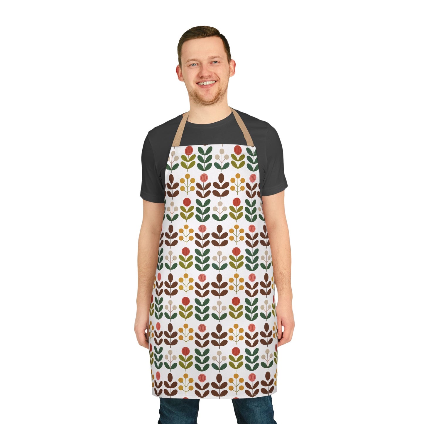 Flower Pattern Apron showcased on a smiling man, highlighting its creative floral design ideal for cooks or artists. The apron combines vibrant style with practicality, perfect for joyful kitchen or studio activities.