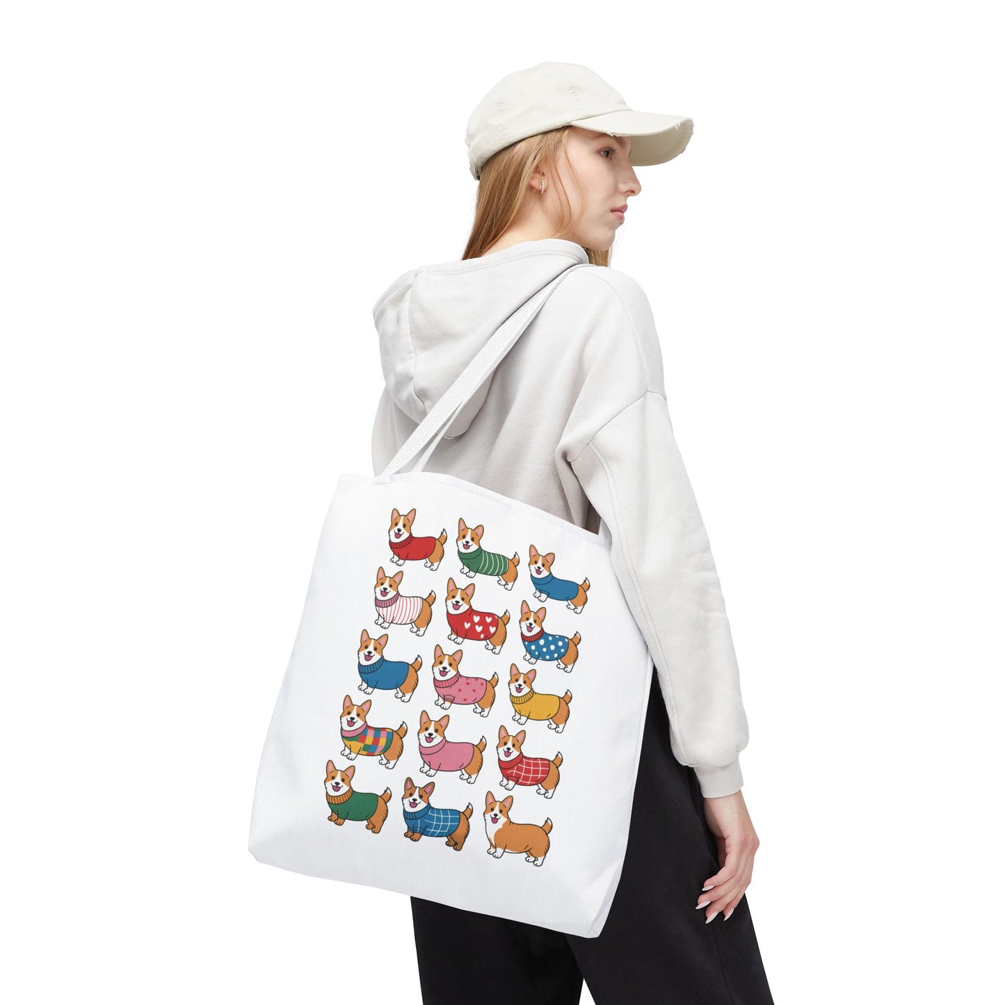 Cheerful Corgi Cartoon Style Dog Lover Tote Bag featuring adorable Corgis in unique outfits, ideal for everyday use. Durable polyester with reinforced handles, available in three sizes for dog enthusiasts.