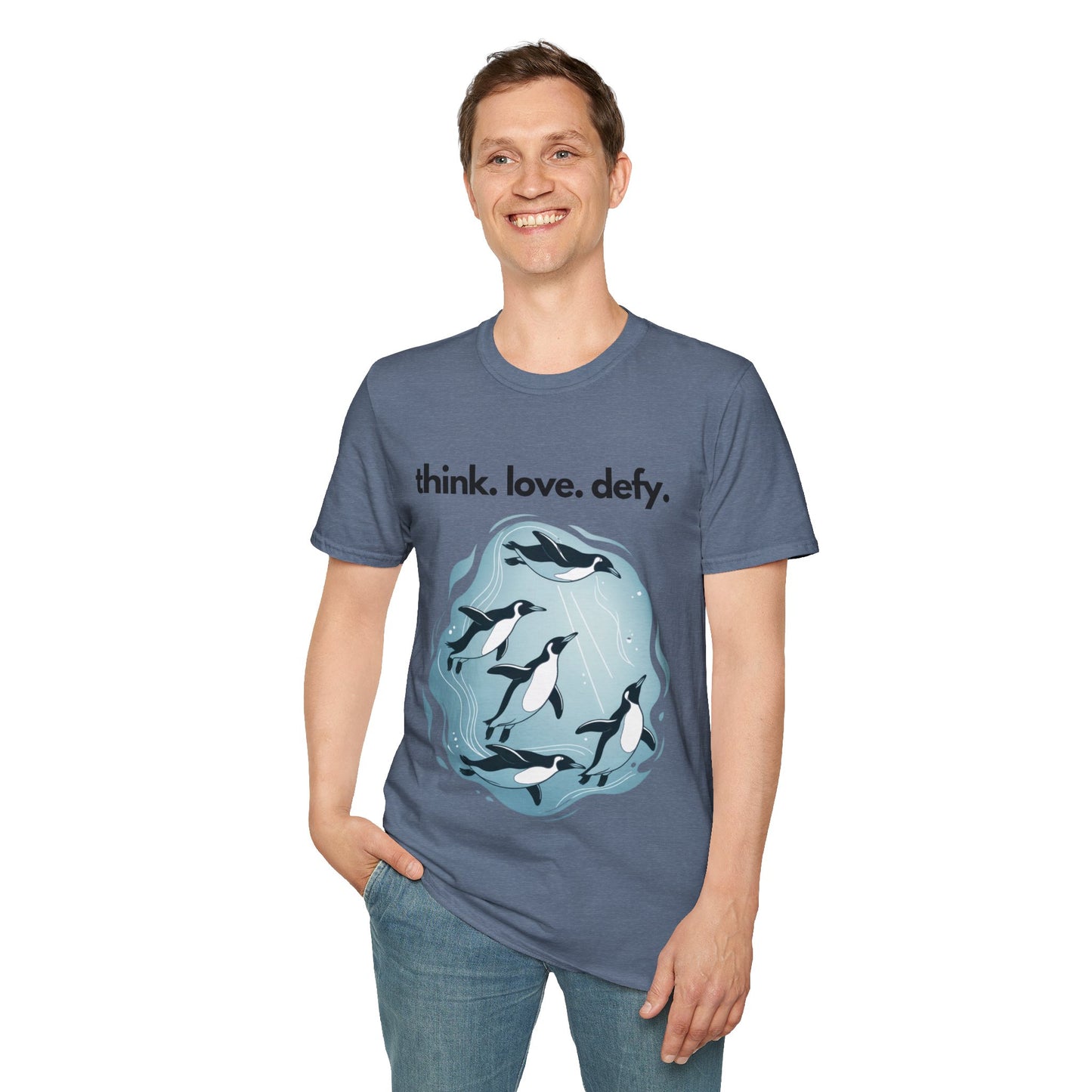 Think Love Defy Penguin Animal Nature Gildan Unisex T-Shirt on a smiling man, showcasing vibrant penguin design, ideal for nature lovers and casual wear, aligning with FireBrook Essentials' commitment to comfort and positivity.