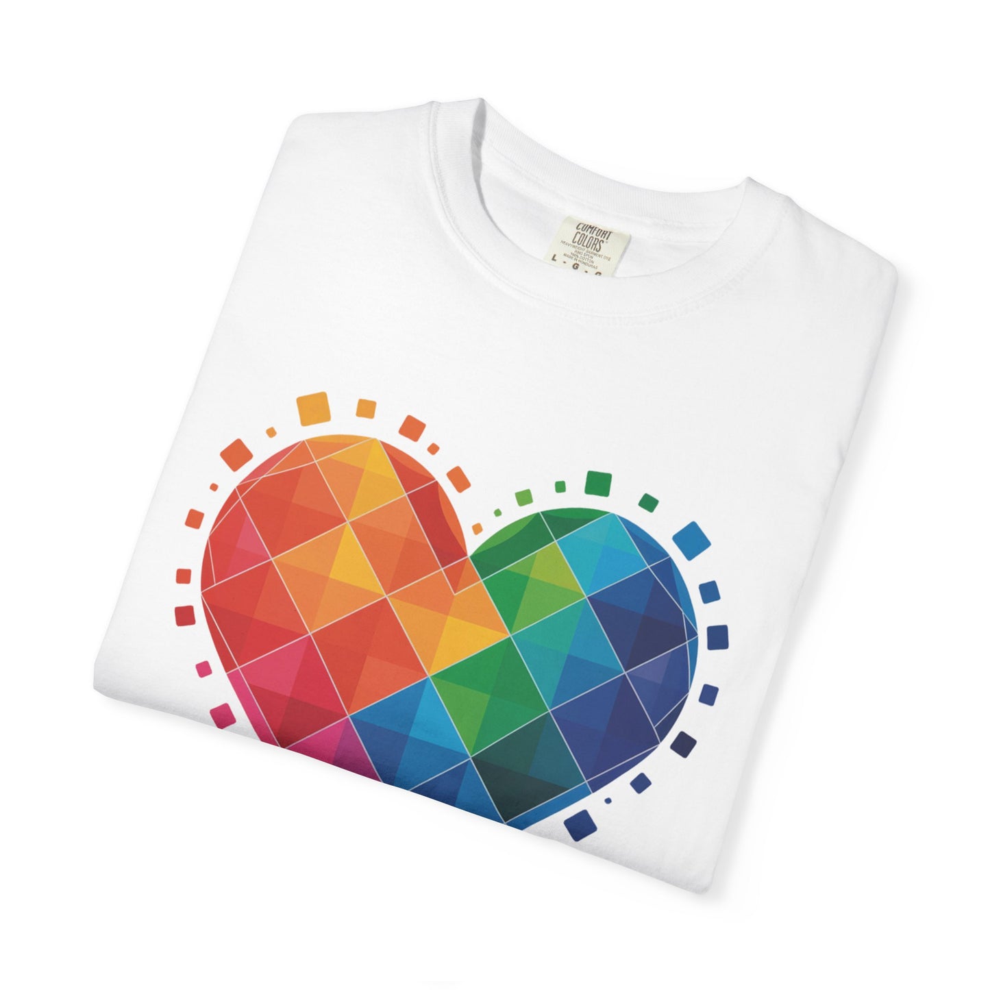 Rainbow Geometric Heart T-Shirt featuring a vibrant heart-shaped design with overlapping translucent squares and a full rainbow gradient. Ideal for colorful, contemporary casual wear from FireBrook Essentials.