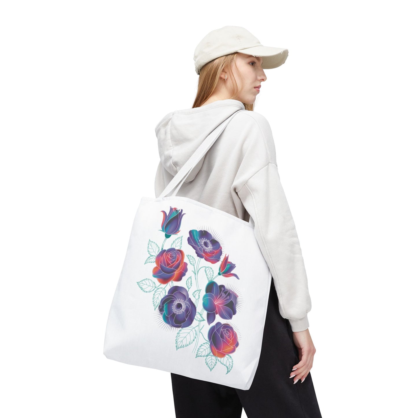 Vibrant Rose, Anemone, Lily Silhouettes Neon Floral Tote Bag with bold neon floral patterns against dark gray, ideal for adding style and color to casual outings, reflecting FireBrook Essentials' joyful design ethos.