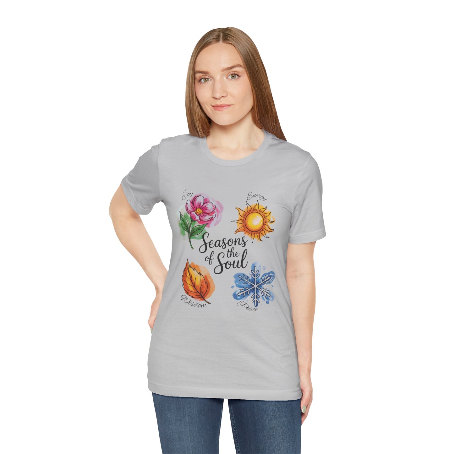 Seasons of the Soul: Joy, Energy, Wisdom & Peace T-Shirt, showcasing an uplifting design, ideal for spiritual and nature-inspired occasions, embodies comfort and style with its lightweight, breathable fabric.
