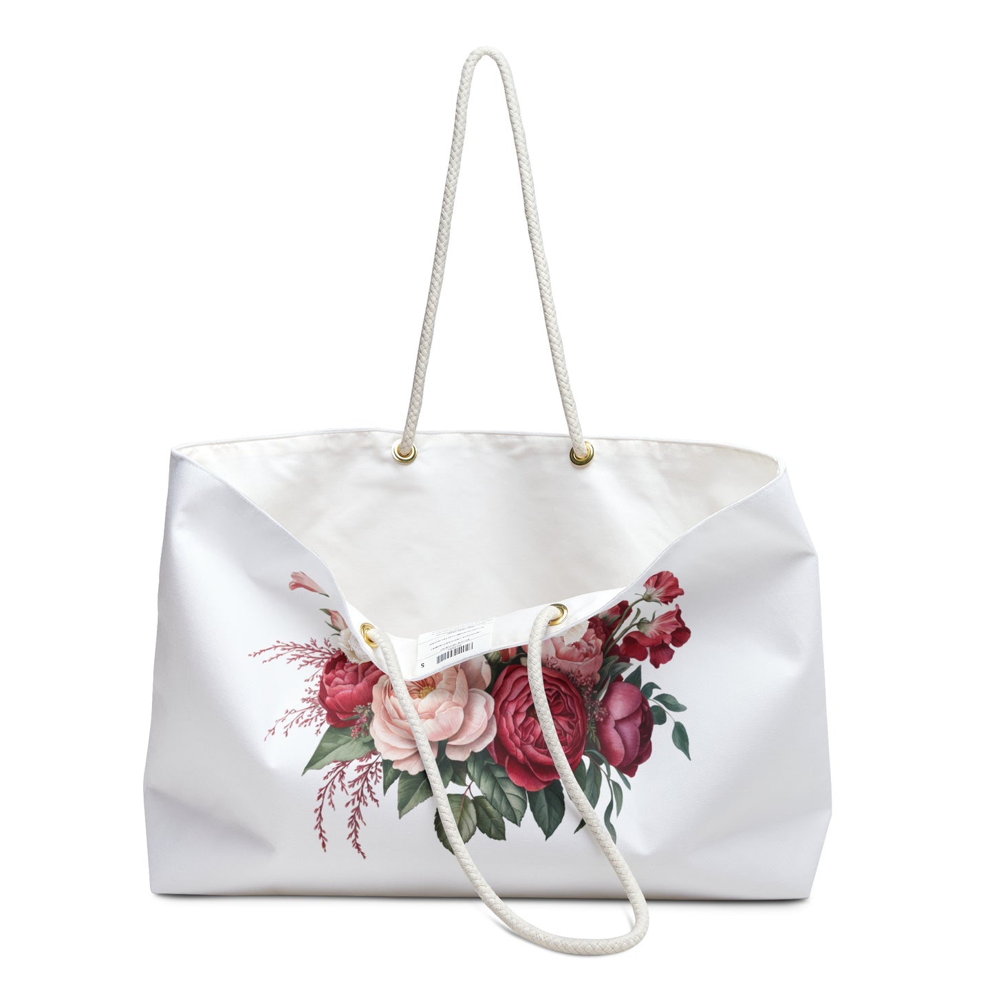 Weekender Bag - Red Bouquet Design: A stylish shoulder bag featuring vibrant red floral patterns, complemented by sturdy rope handles. Ideal for travel, offering ample space with its T-bottom design.