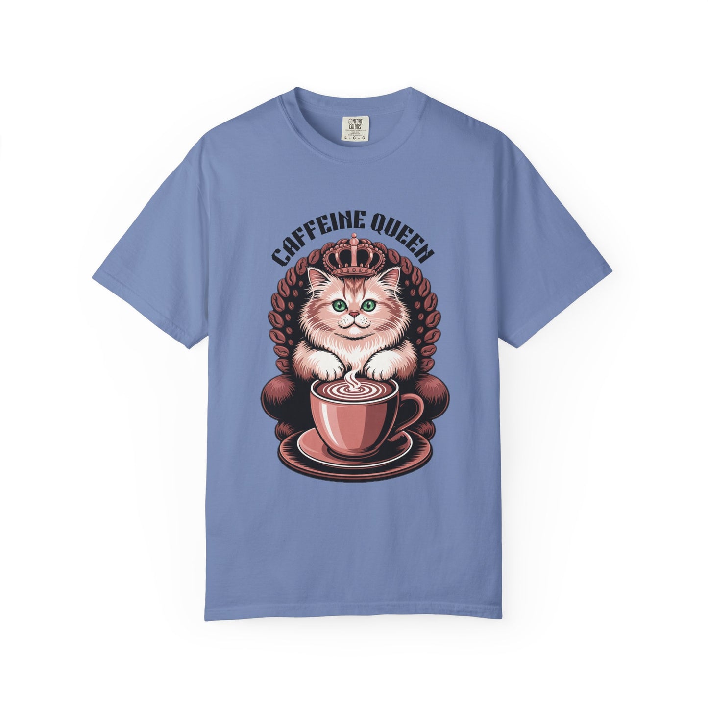 Cat Caffeine Queen T-shirt featuring a crowned cat holding a coffee cup, perfect for cat and coffee lovers. Designed for comfort and style with durable stitching and soft cotton.
