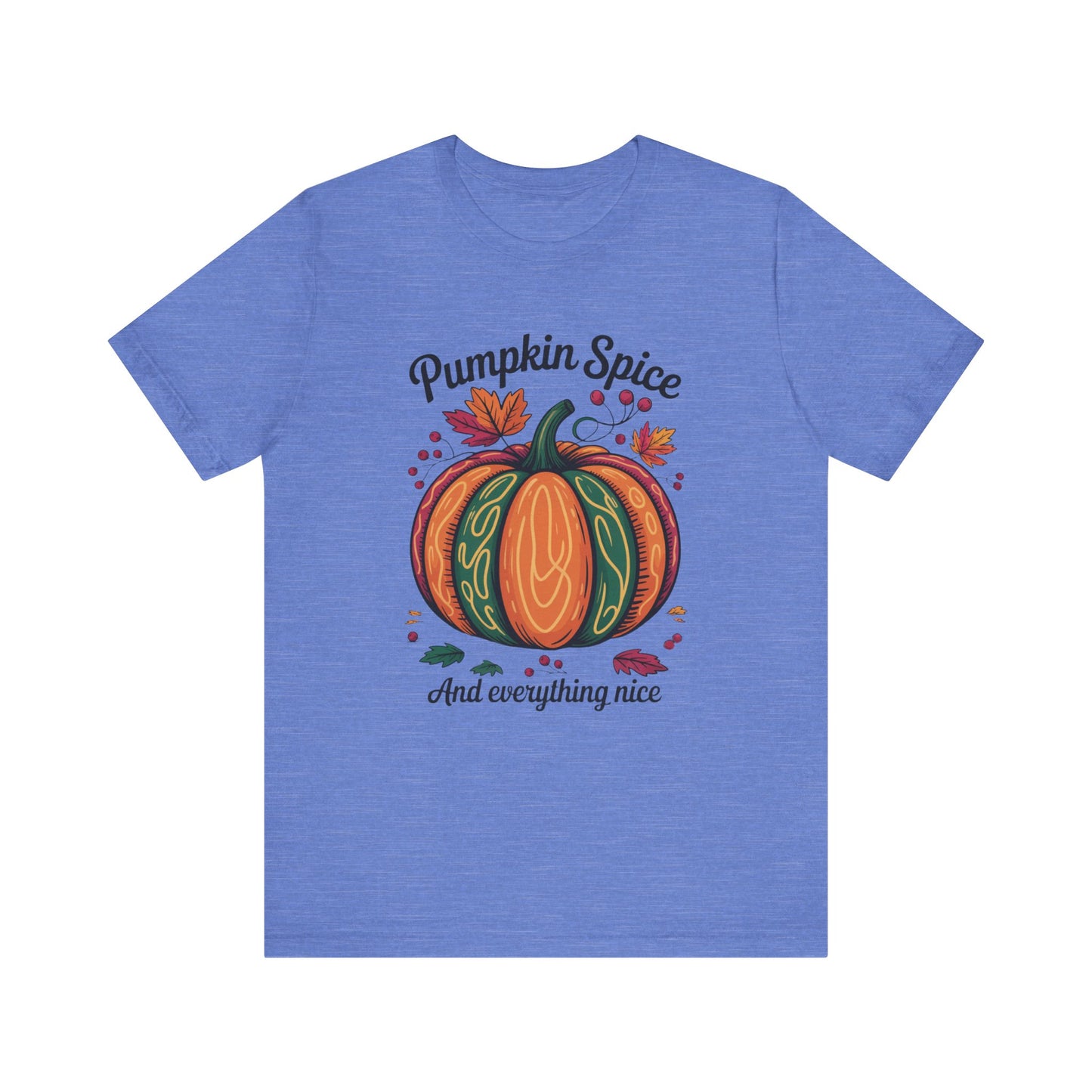Pumpkin Spice and Everything Nice Fall Thanksgiving Bella+Canvas Unisex T-Shirt, showcasing a cozy autumnal design, perfect for fall celebrations. Ideal for lovers of pumpkin spice and sweater weather, embodying FireBrook Essentials' uplifting style.