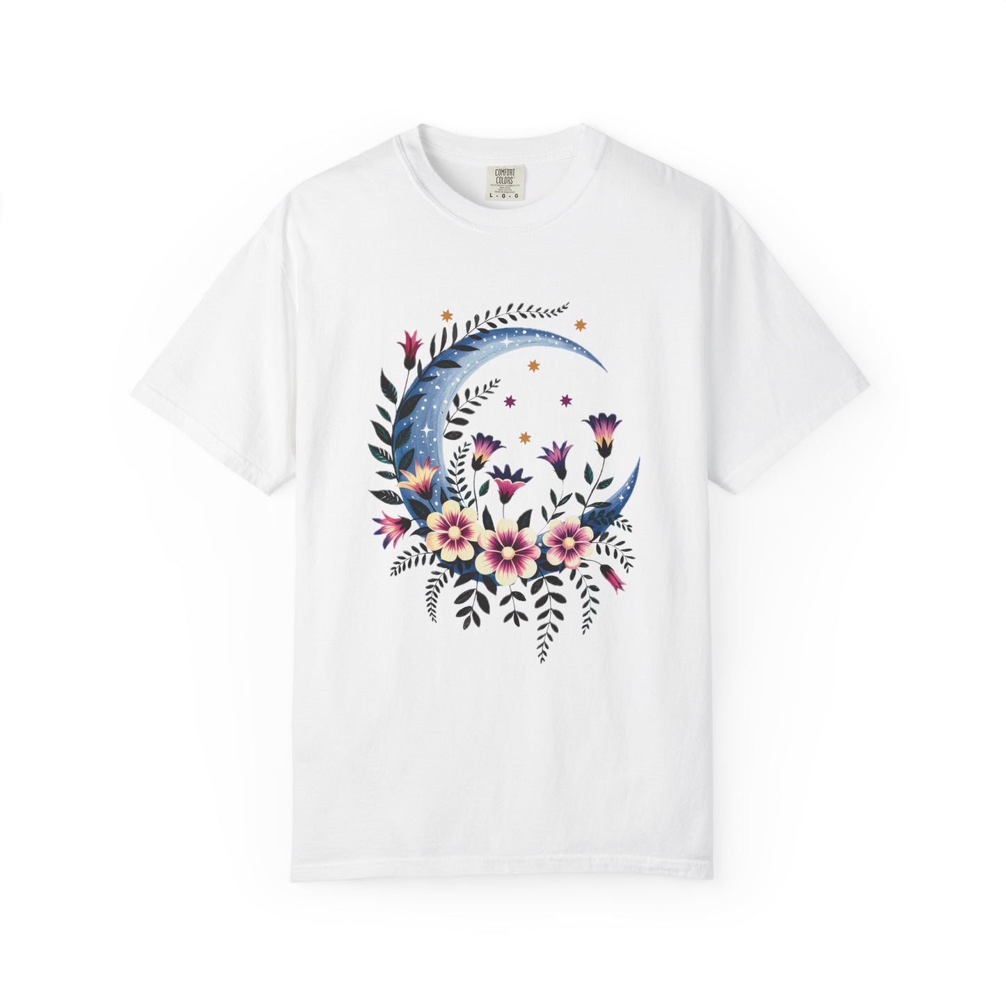Crescent Moon Floral T-Shirt showcasing a bohemian design with intricate floral patterns, embodying a relaxed fit and crew neckline, perfect for nature lovers seeking stylish comfort from FireBrook Essentials.