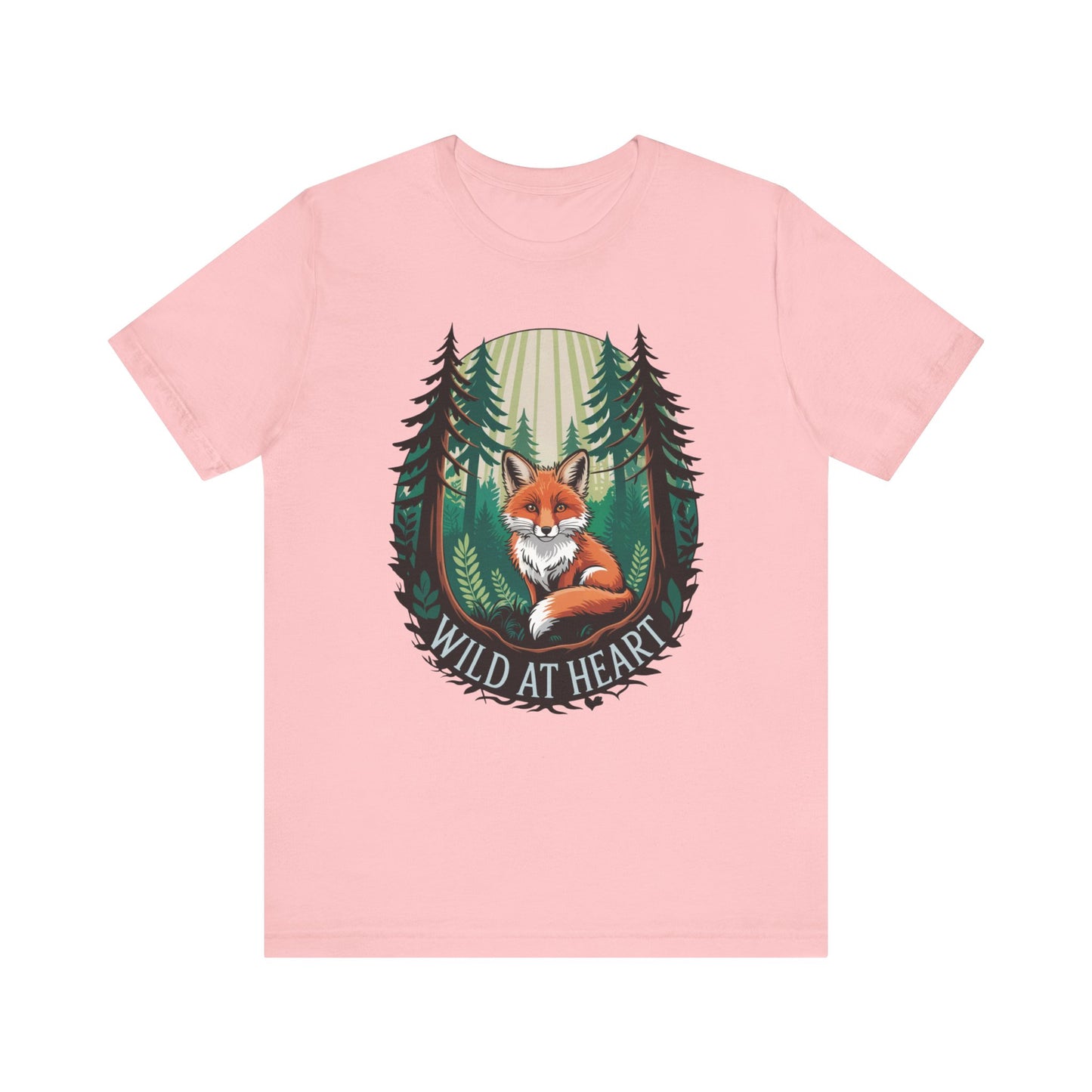 Wild at Heart Fox Illustration Bella+Canvas Unisex T-Shirt featuring a whimsical fox design amidst trees, perfect for nature lovers and casual wear, embodying FireBrook Essentials' ethos of comfort and style.