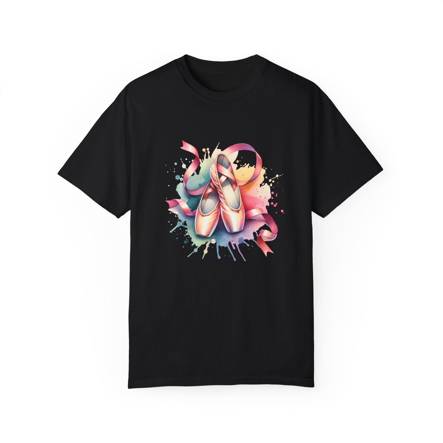 Ballet Shoes T-Shirt showcasing a graceful ballet shoe design, featuring durable double-needle stitching and a seamless knit, perfect for dancers. Crafted from soft, ethically sourced US cotton.
