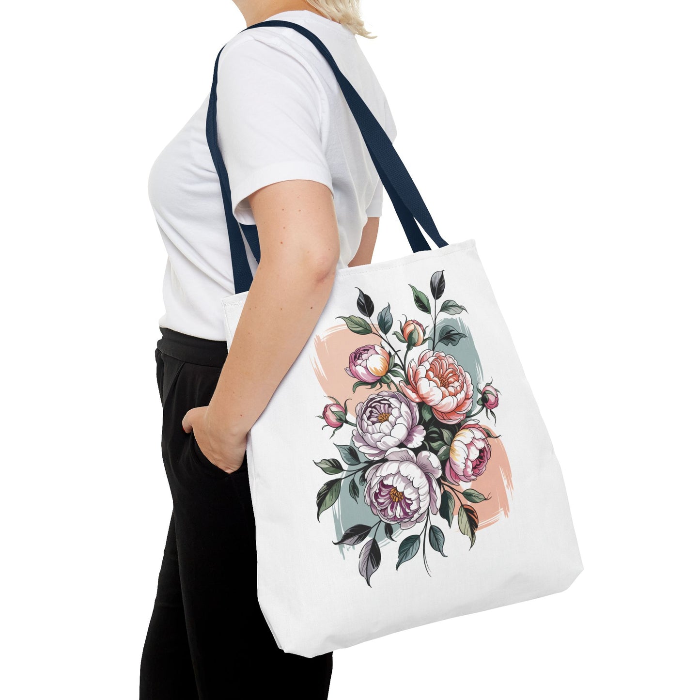 Vintage Peony Tote Bag featuring a charming floral design, ideal for everyday use. Crafted from durable polyester with reinforced handles and boxed corners, this bag embodies FireBrook Designs' blend of style and functionality.