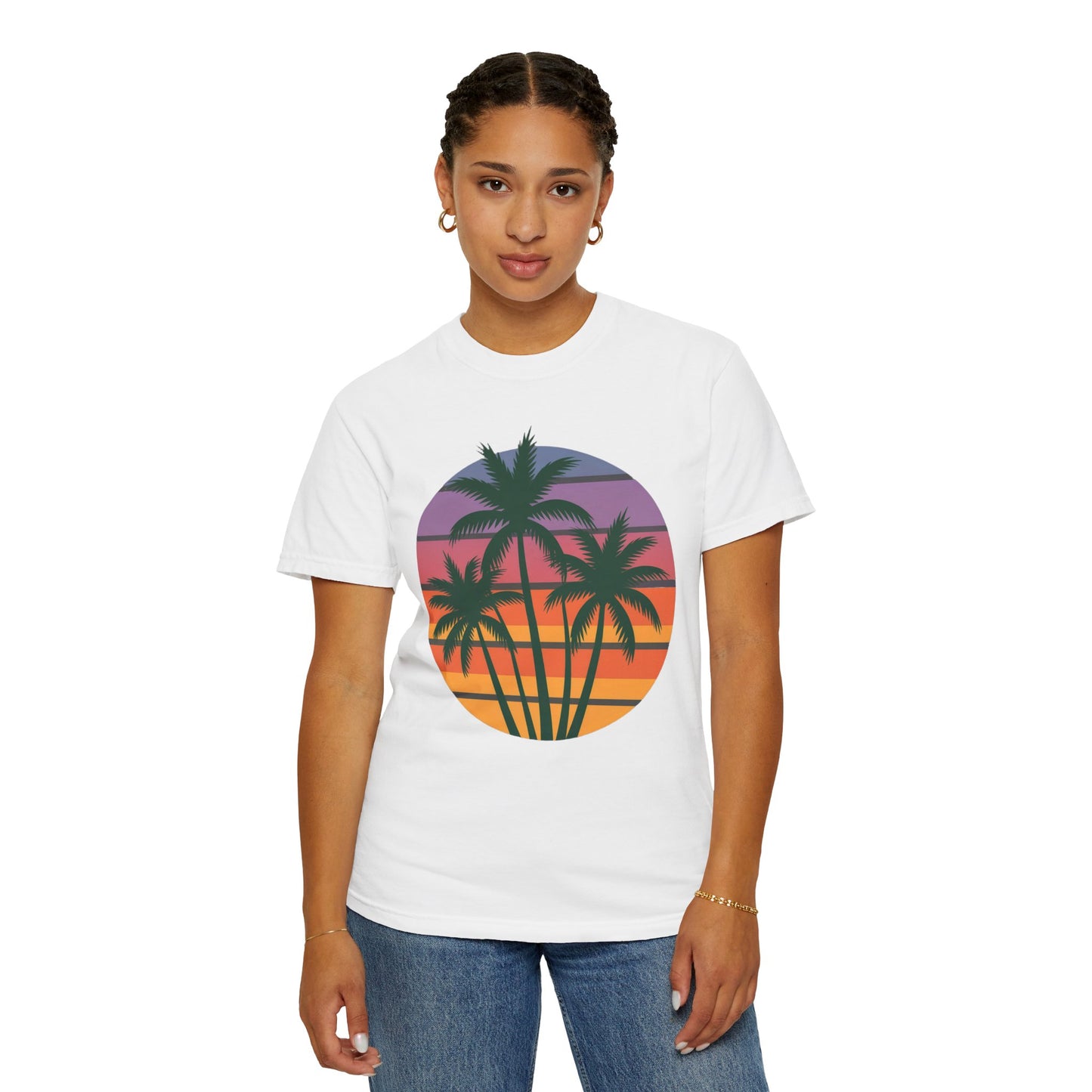 Palm Tree Sunset T-shirt: A vibrant unisex garment-dyed tee showcasing colorful palm tree silhouettes against a sunset, embodying a tropical, relaxed vibe; perfect for casual outings and summer adventures.