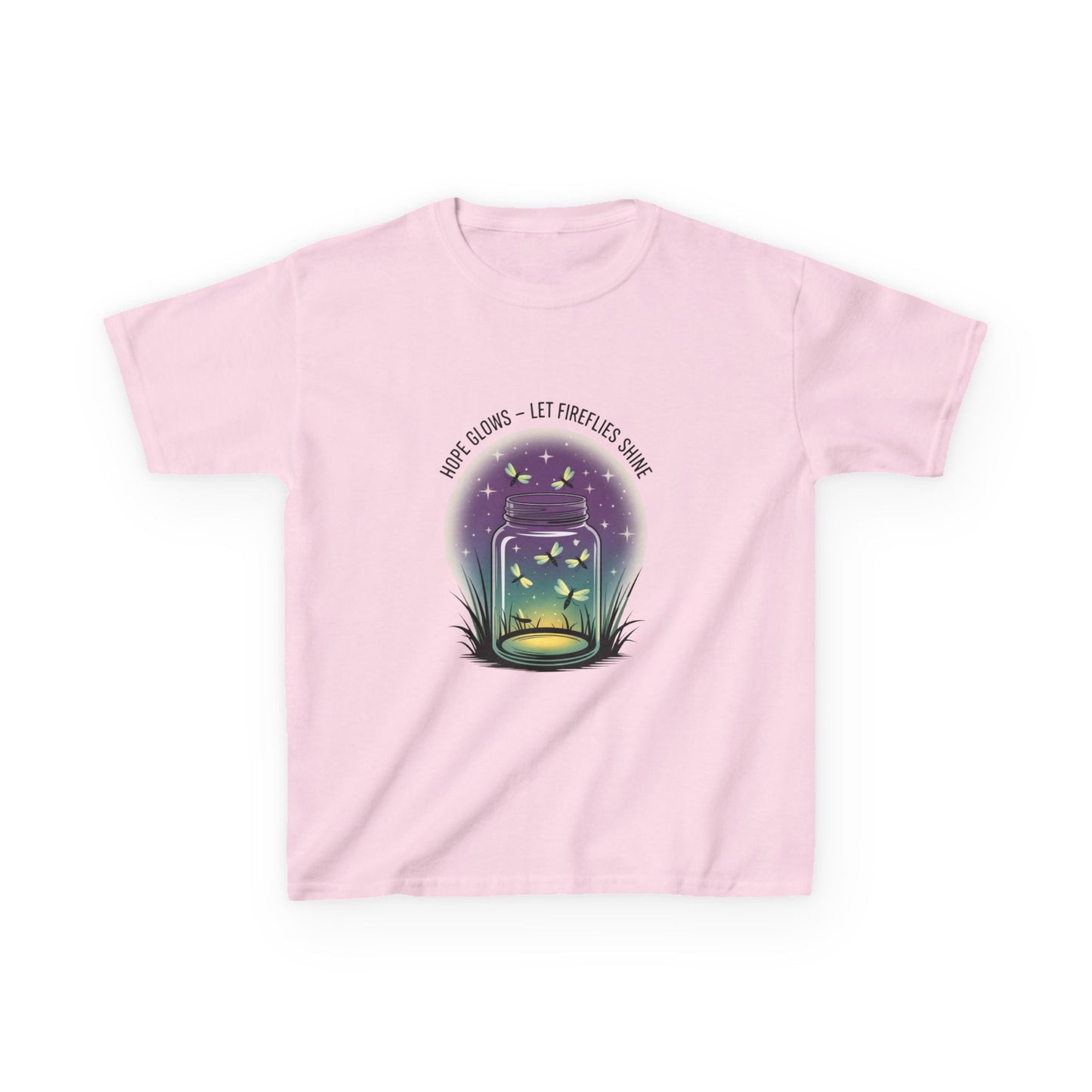 Hope Glows - Let the Fireflies Shine Youth T-Shirt features a whimsical jar with butterflies, perfect for nature-loving kids. Ideal for summer adventures, reflecting FireBrook Essentials' uplifting style.